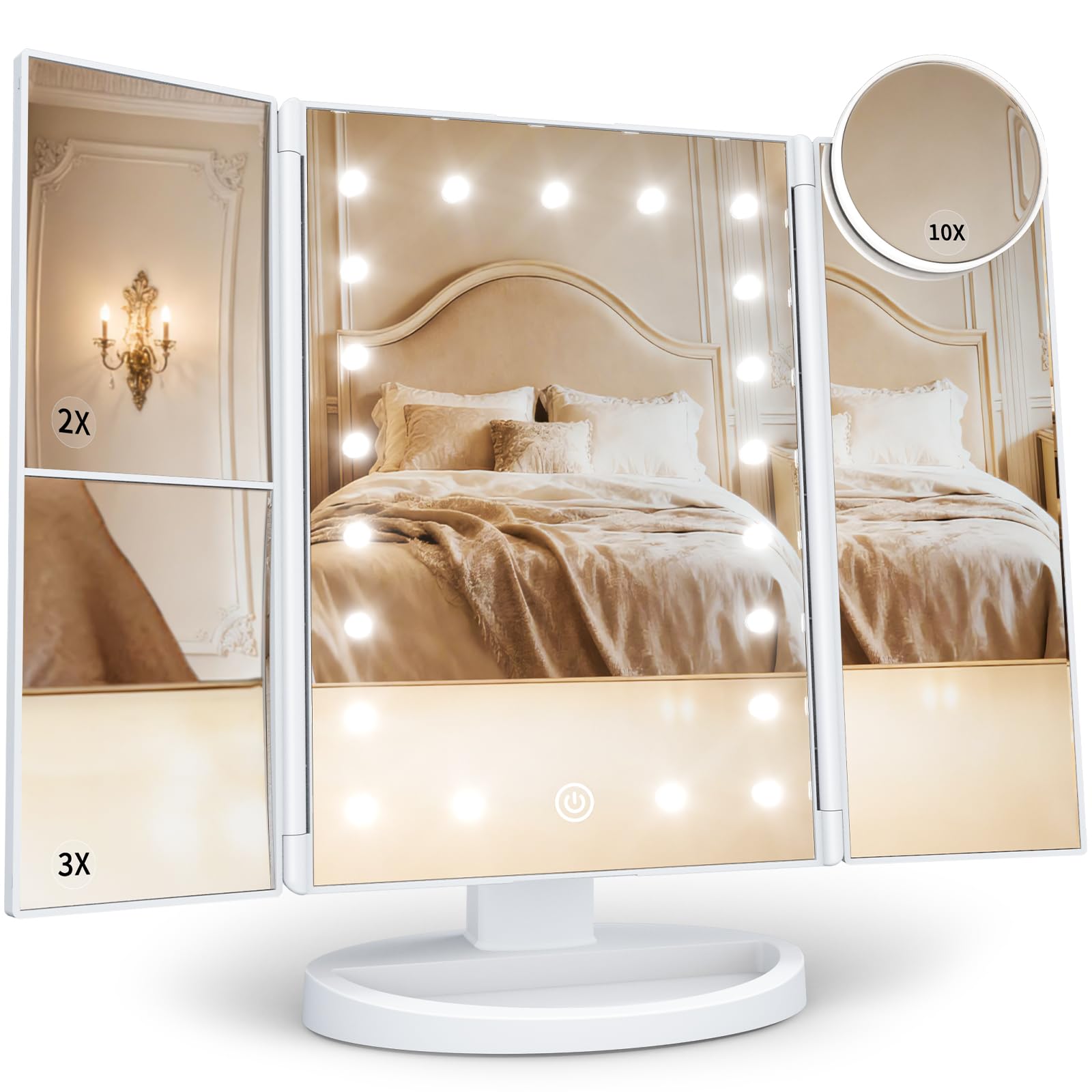 HUONUL Makeup Mirror, Vanity Mirror with Lights, 2X/3X/10X Magnification, Touch Control, Trifold, Dual Power Supply, Bir