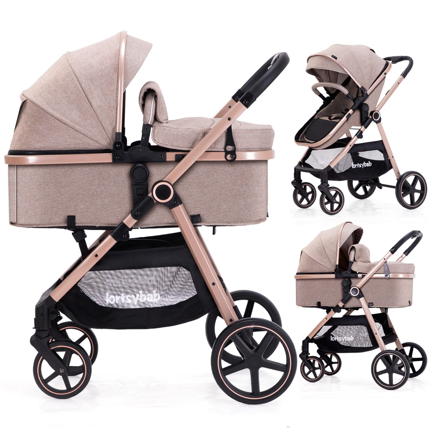 Lortsybab 2-in-1 Baby Stroller - Folding Infant Newborn Pram Stroller with Reversible Seat - Toddler Strollers for 0-36