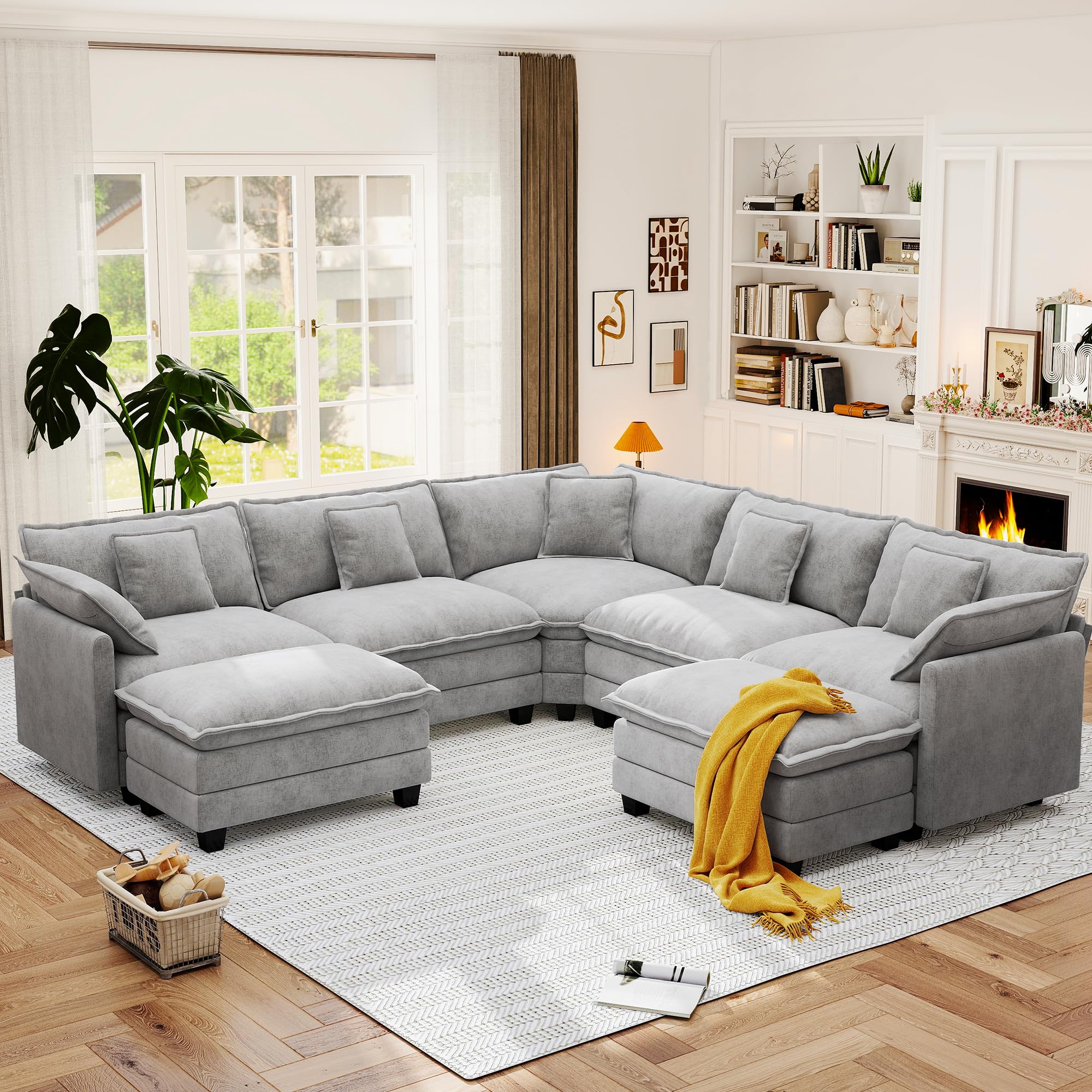 113.8" Modular Sectional Sofa,Cloud Couch for Living Room,Modern Deep Seat Sofa 5 Seater Chenille Fa