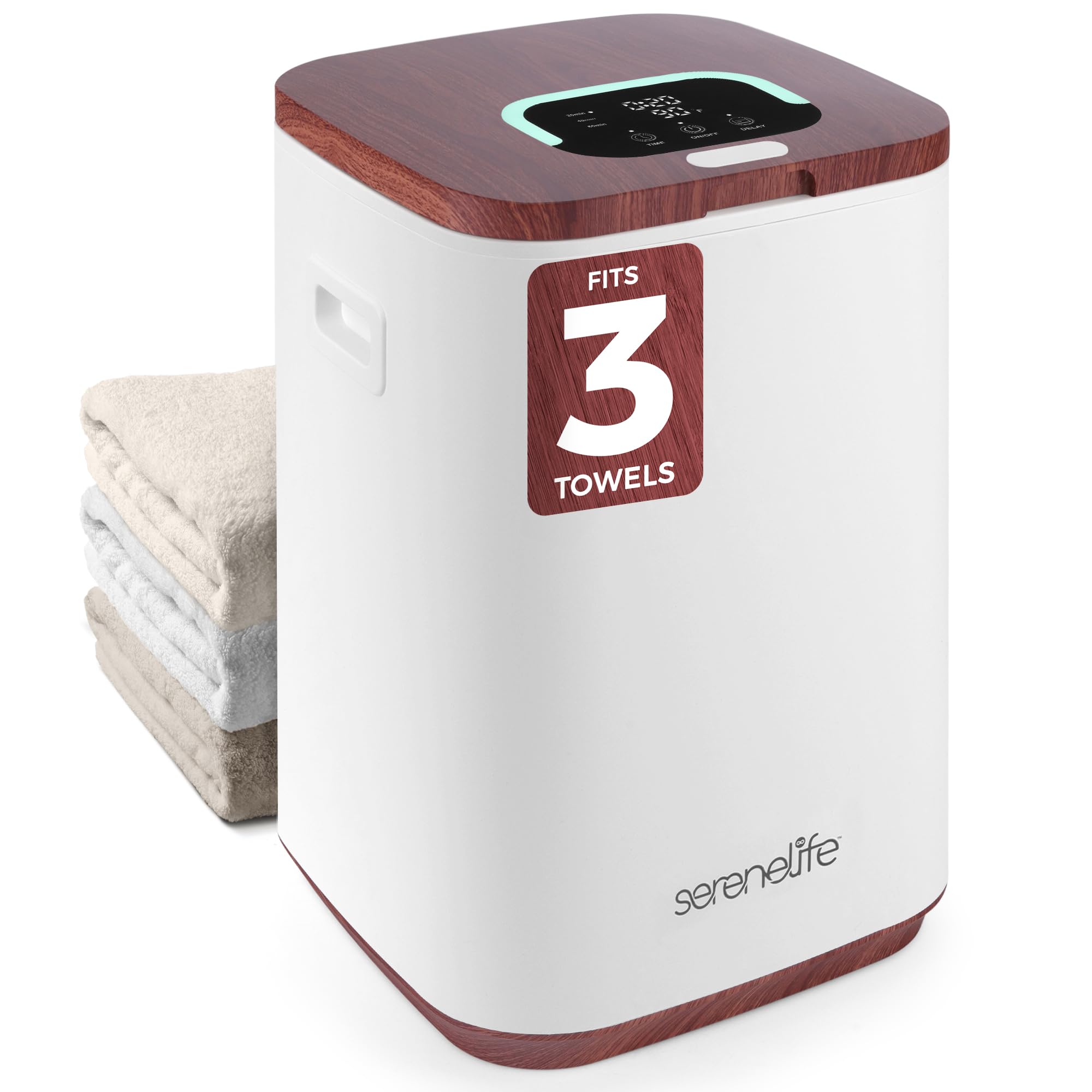 SereneLife Towel Warmer - 23L Capacity Bucket with Timer Function, Fits Up to Two Oversized Towels for Bathroom, Wood