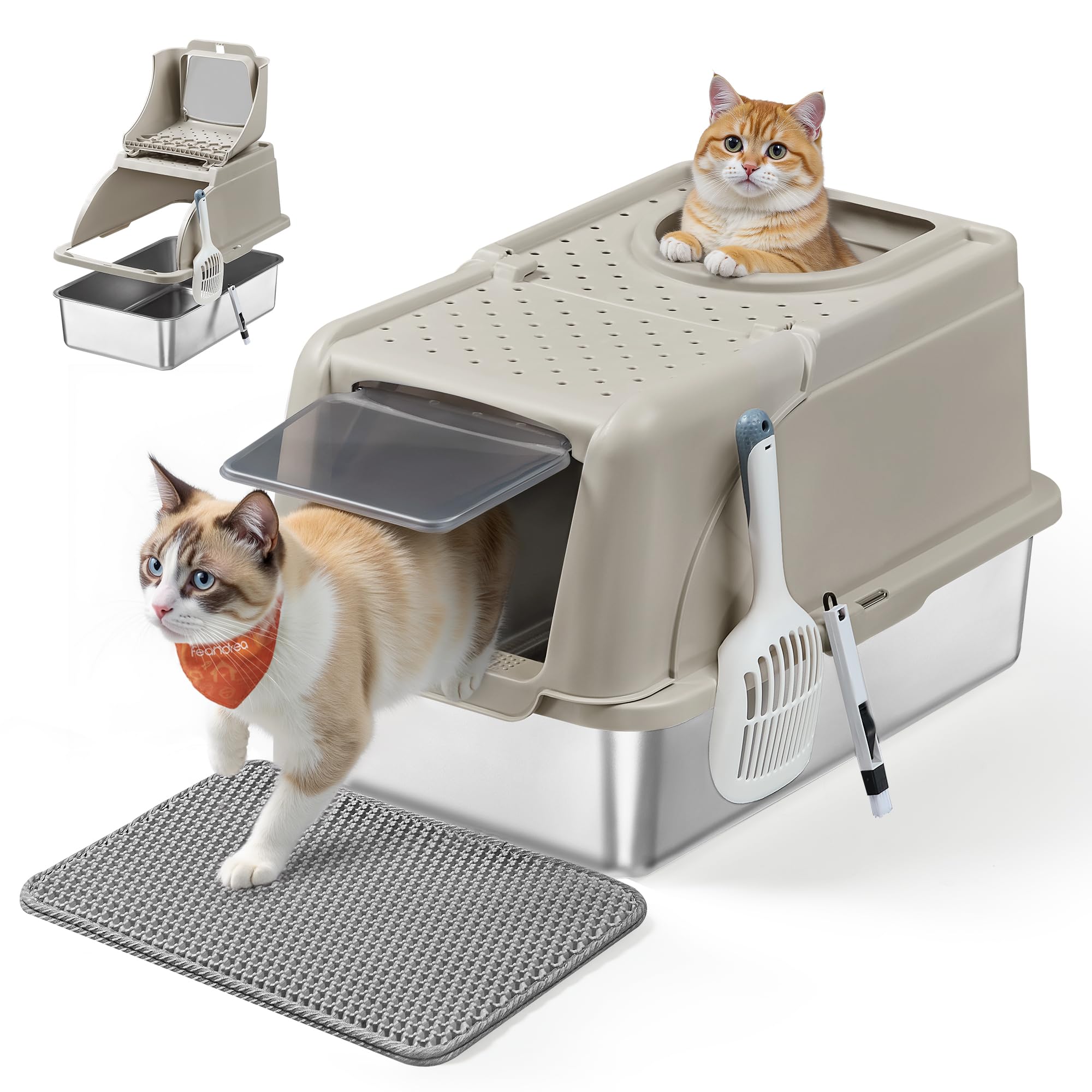 Feandrea Stainless Steel Cat Litter Box with Flip Lid, XL Enclosed | Leak-Proof Design, Scoop, Brush, Dual Entry, for Ca
