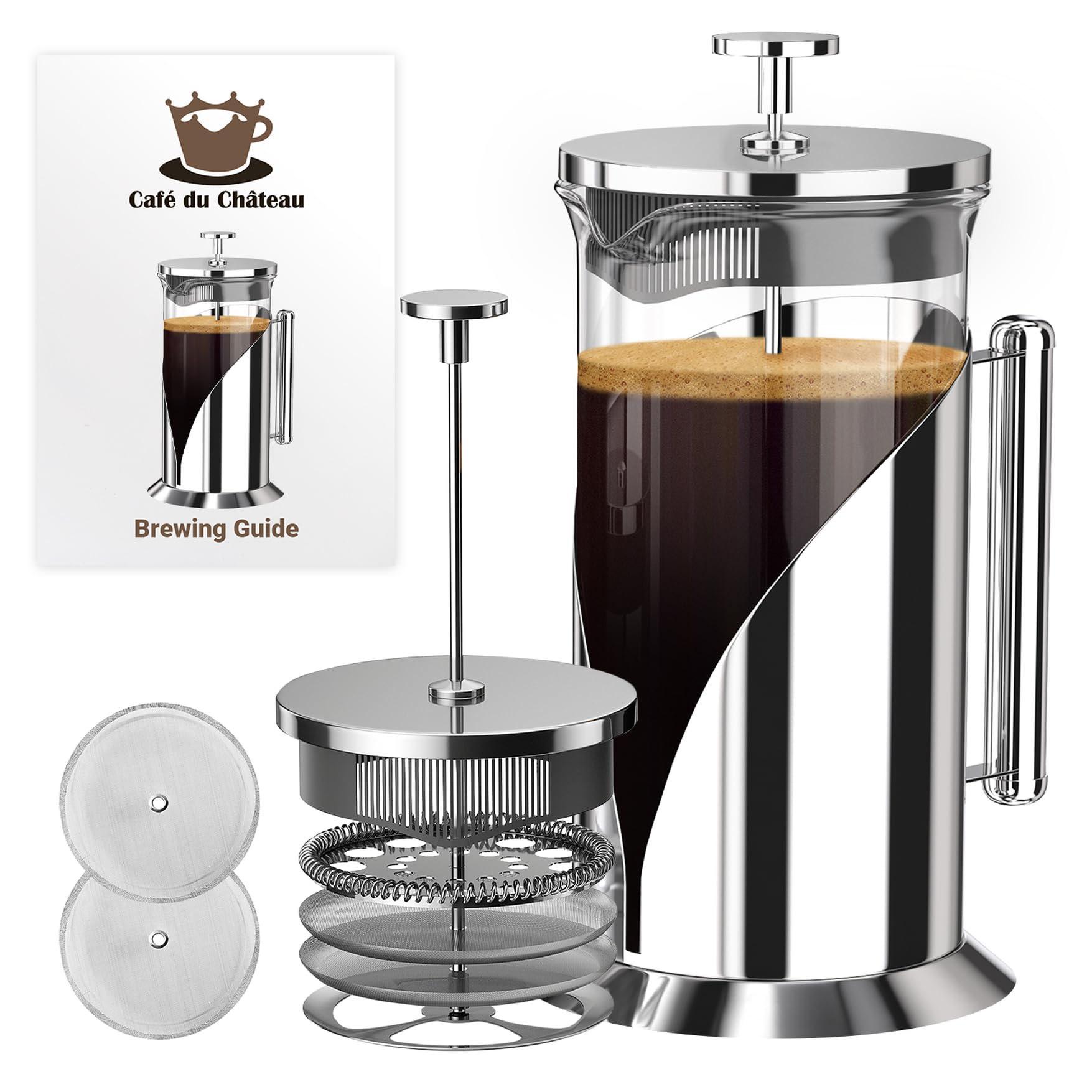 Cafe Du Chateau French Press Coffee Maker, 34 oz Glass, Stainless Steel | Easy Brew, Durable Clear Glass, 4-level Filtra