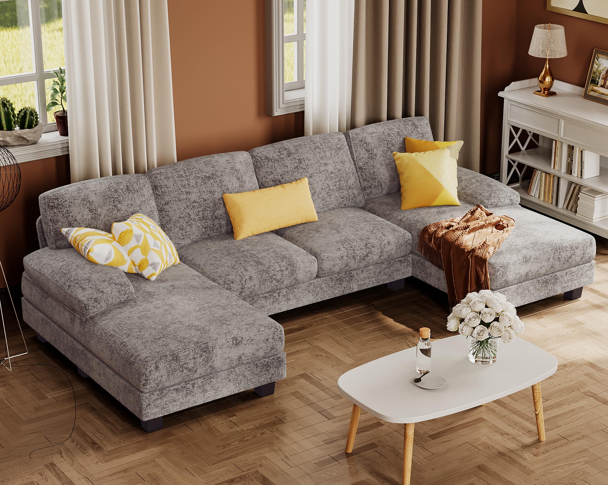 Furmax Sectional Couches for Living Room, U-Shaped Sofa Couch with Linen Fabric, 4 Seat Sofa Set wit