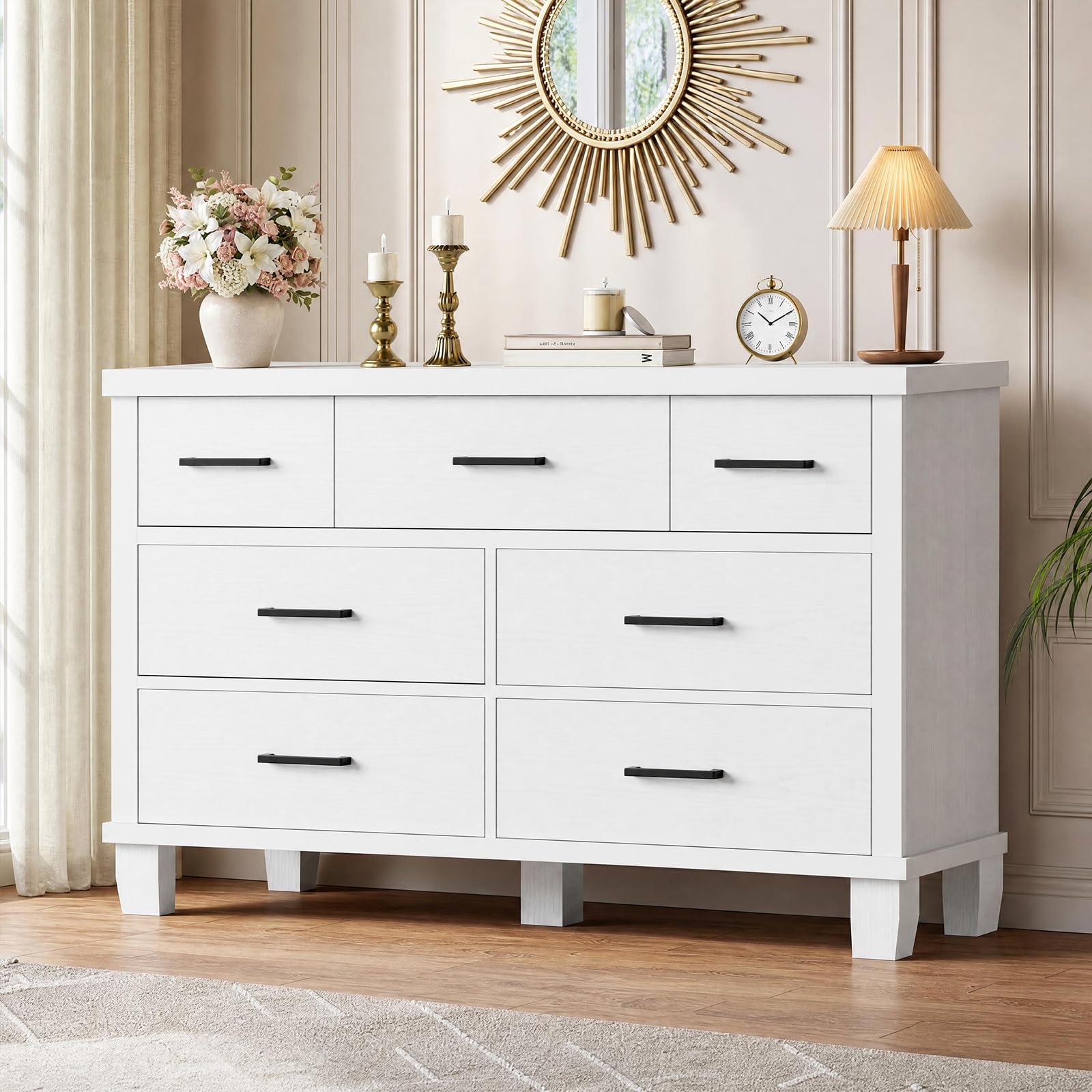 IDEALHOUSE Dresser for Bedroom with 7 Drawers, White Storage Chest of Drawers with Metal Handle, Wooden Dresser Organize