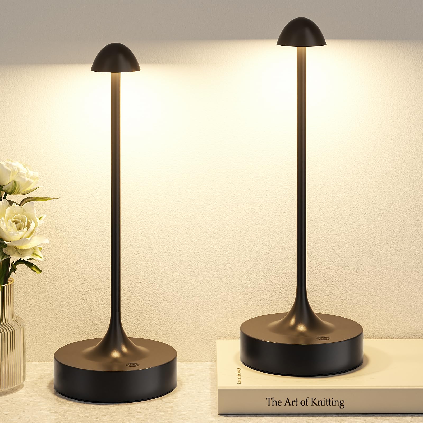 Kakanuo Rechargeable Cordless Table Lamp, Battery Operated Lamps, 3-Color Stepless Dimming, Portable Wireless Desk Lamp,