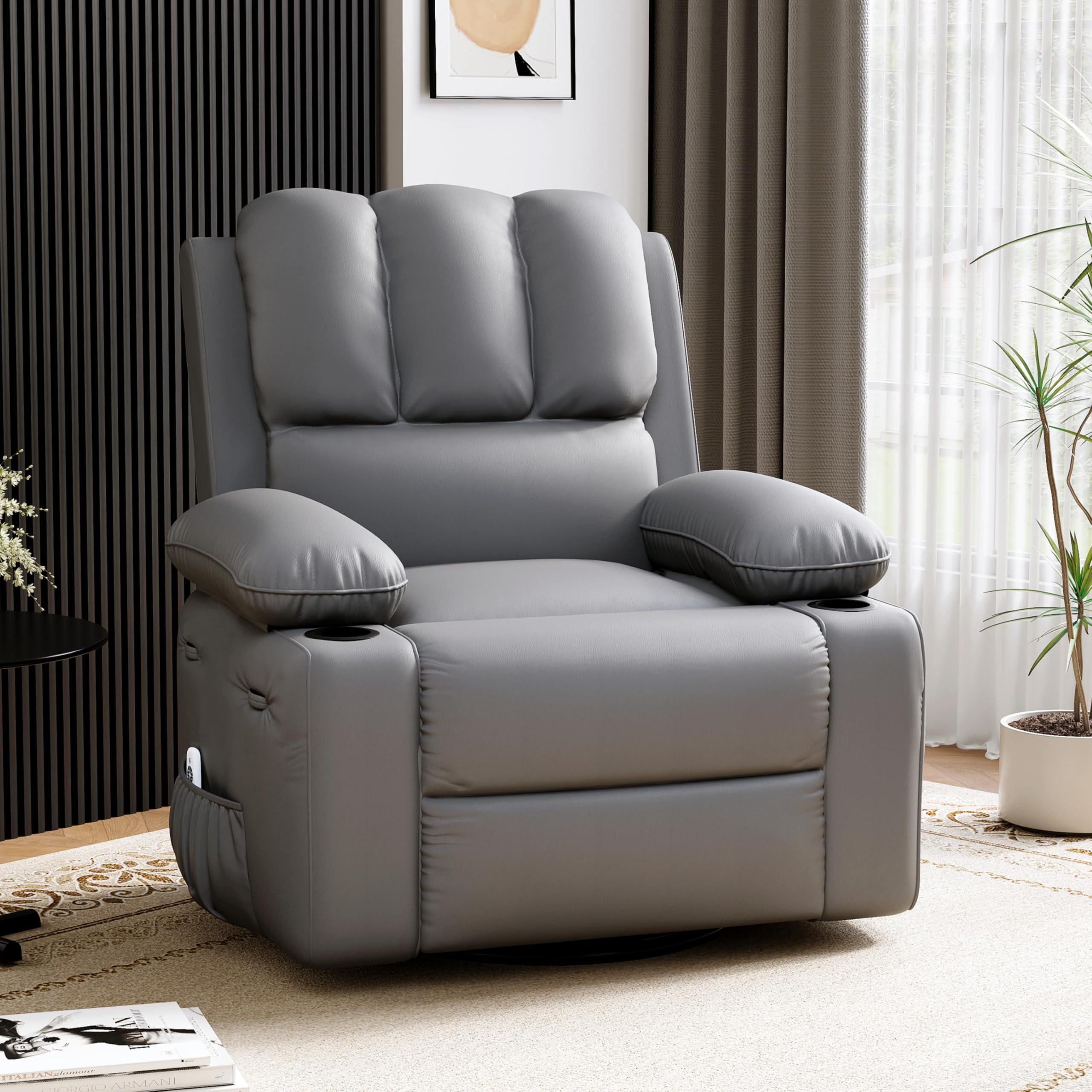 Garvee Oversized Swivel Rocker Recliner Chair - Heat and Massage, Leather Manual Recliner for Adults, Lazy Chair with Cu