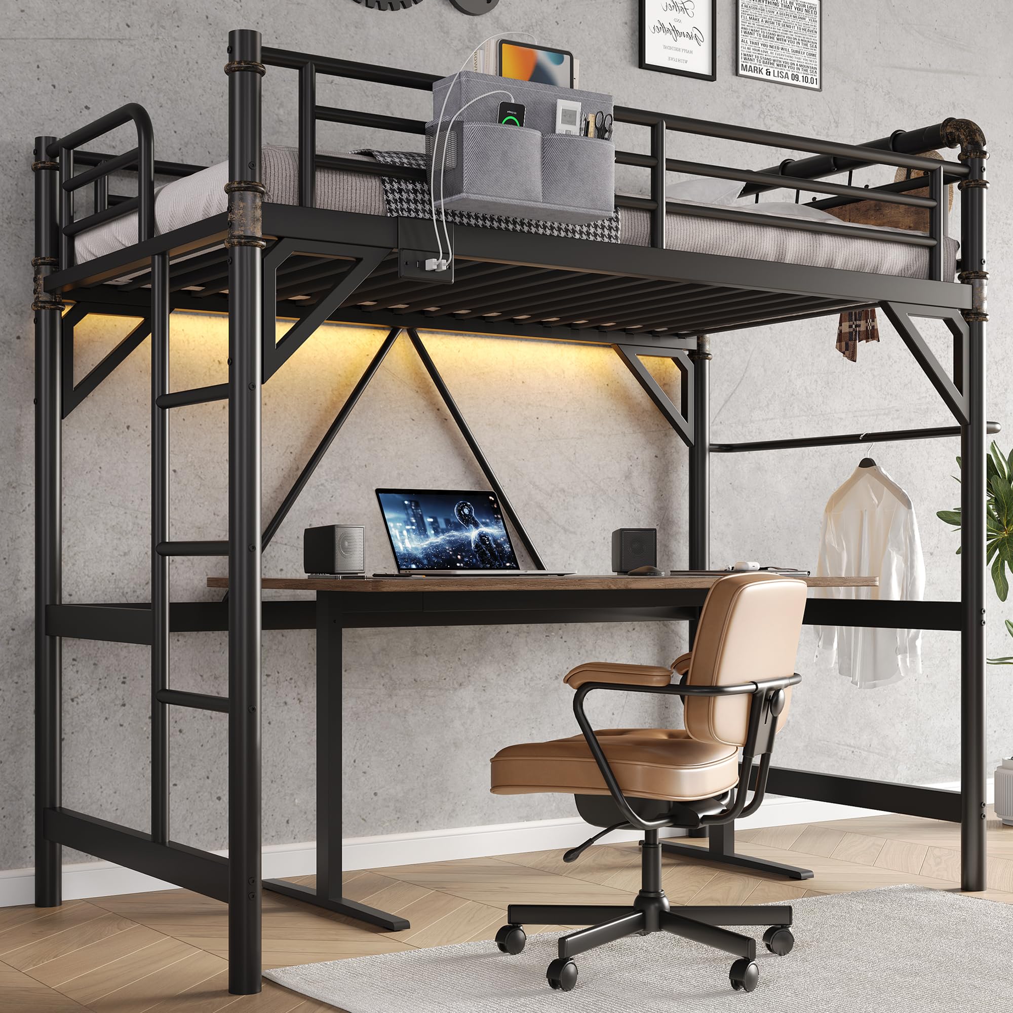 Twin Size Loft Bed with LED Lights and Charging Station, Industrial Heavy Duty Metal Loft Bed Frame 