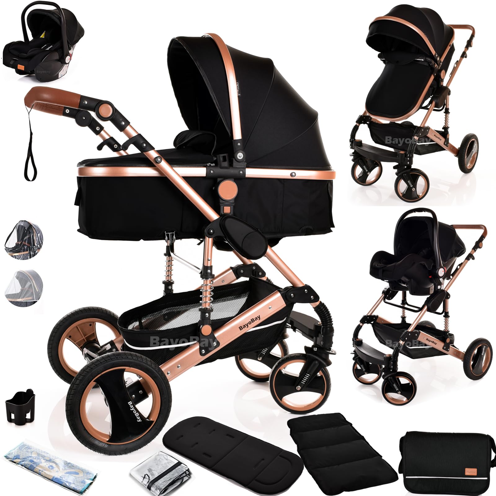 Baby Stroller 3 in 1 Pram Pushchair Buggy Child Lightweight Folding Stroller 3 in 1 Travel System Pram for Newborns Todd