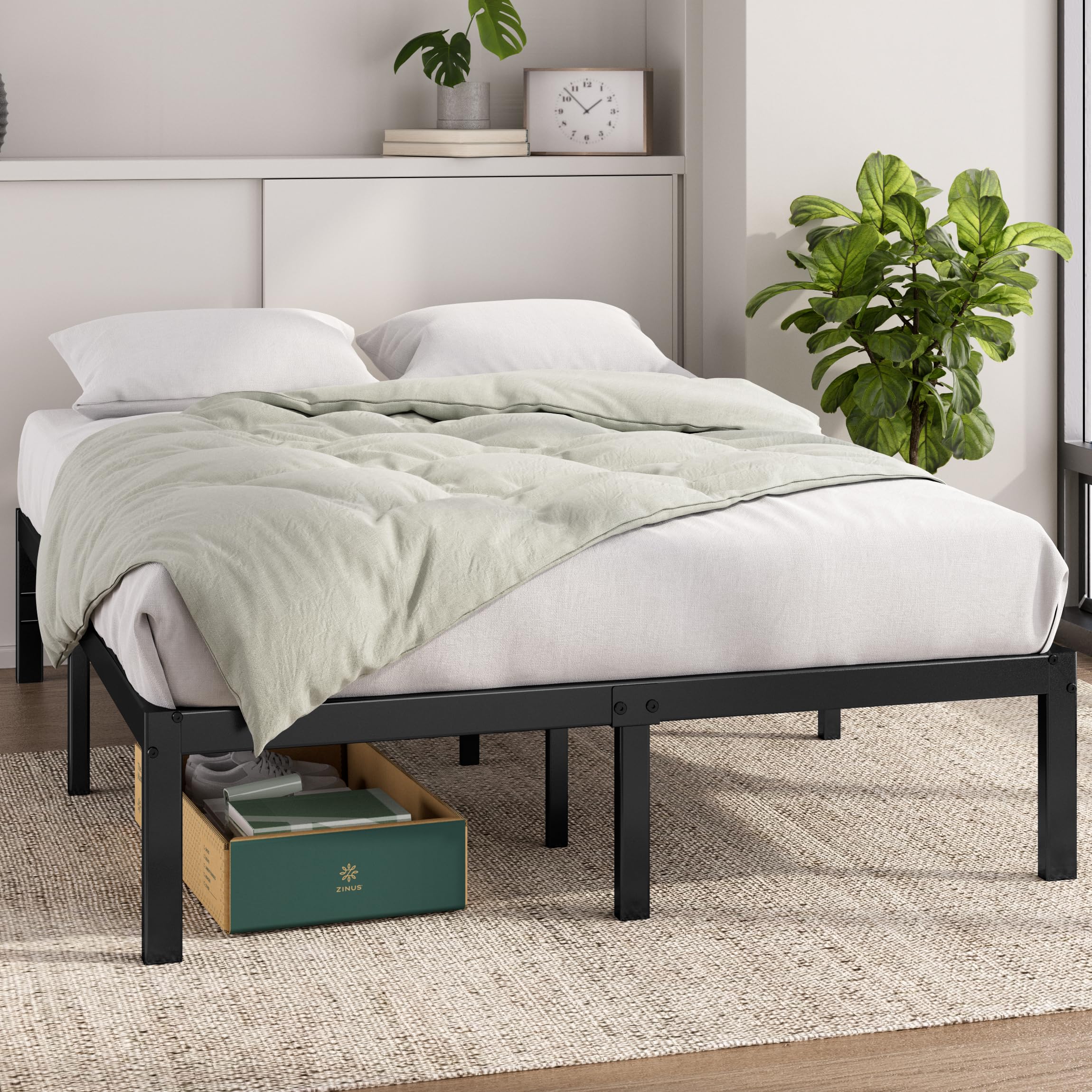 Zinus Elias Double Bed Frame with Storage Space Underneath - 4ft6 (135 x 190 cm) - 14.2'' Height - M