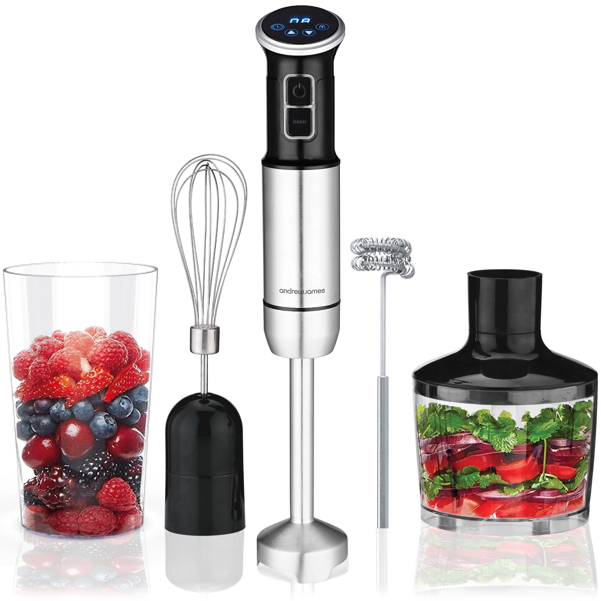 Andrew James 5-in-1 Hand Blender Set, 1000W Immersion Blender, 8-Speed Turbo Boost, 750ml Beaker, 860ml Chopper, Electri