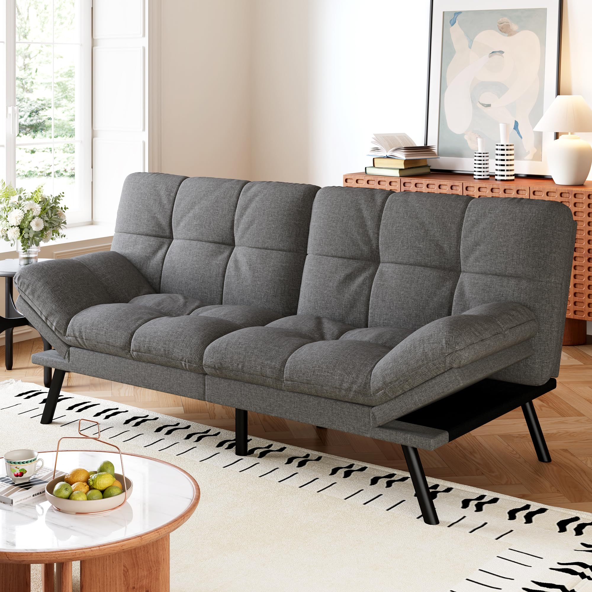 Convertible Futon Sofa Bed,Grey Linen Modern Futon Couch,Memory Foam Loveseat Sleeper Recliner,Detac