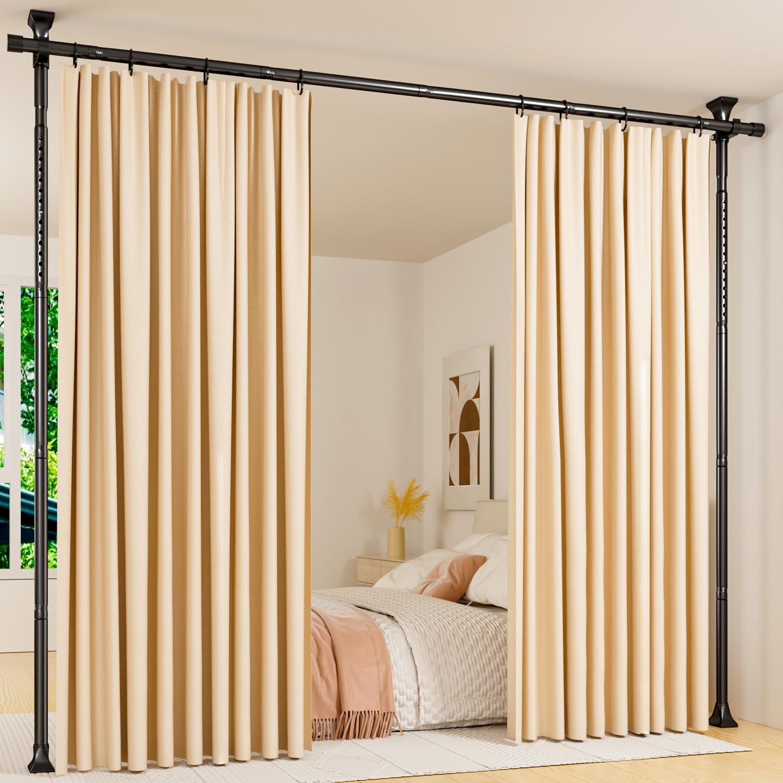 Mavivegue Room Divider Curtain Rods No Drilling, Adjustable 122-305cm (H) 71-178cm(W) Wall Divider for Room Separation,