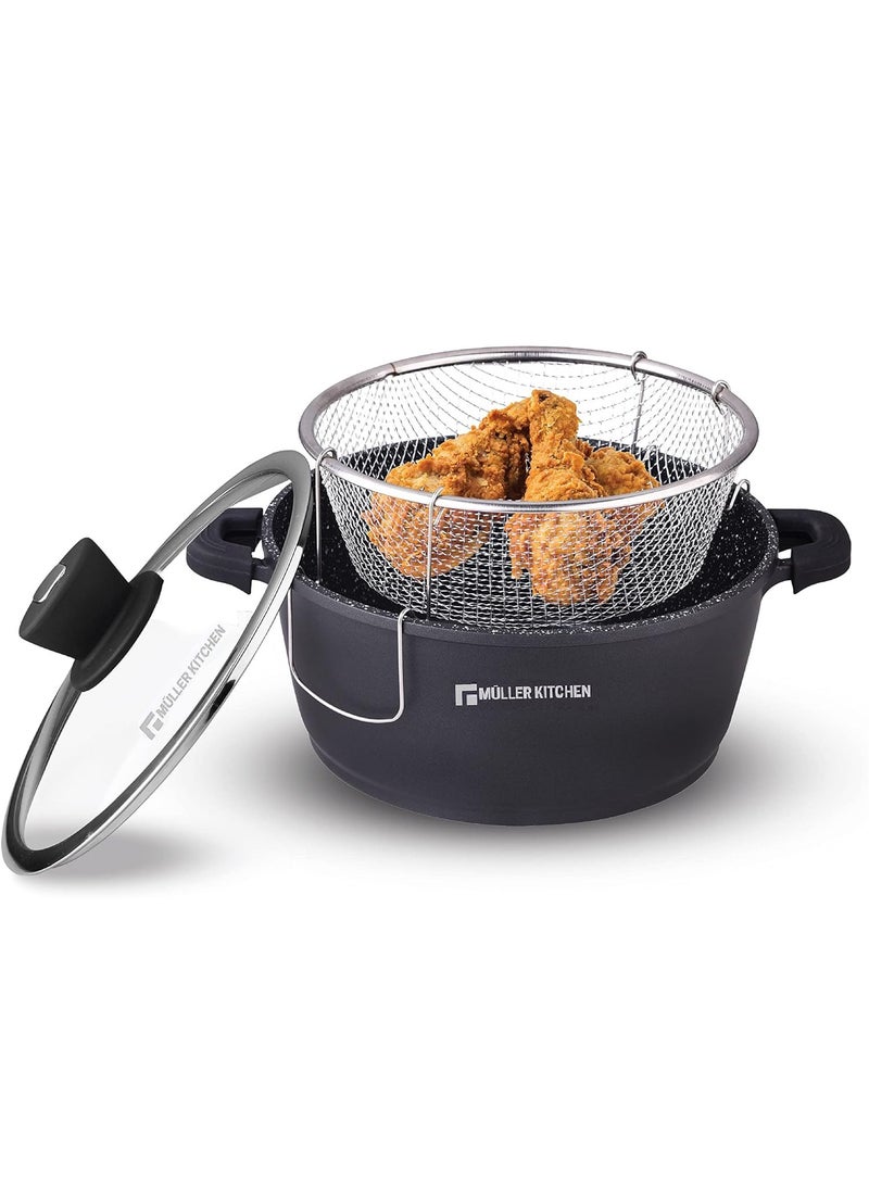 MULLER KITCHEN Deep Fryer with Wire fry basket 26 Cm 5.5 Liter, Die-Cast Aluminum, German Non-Stick Marble Coating, PFOA