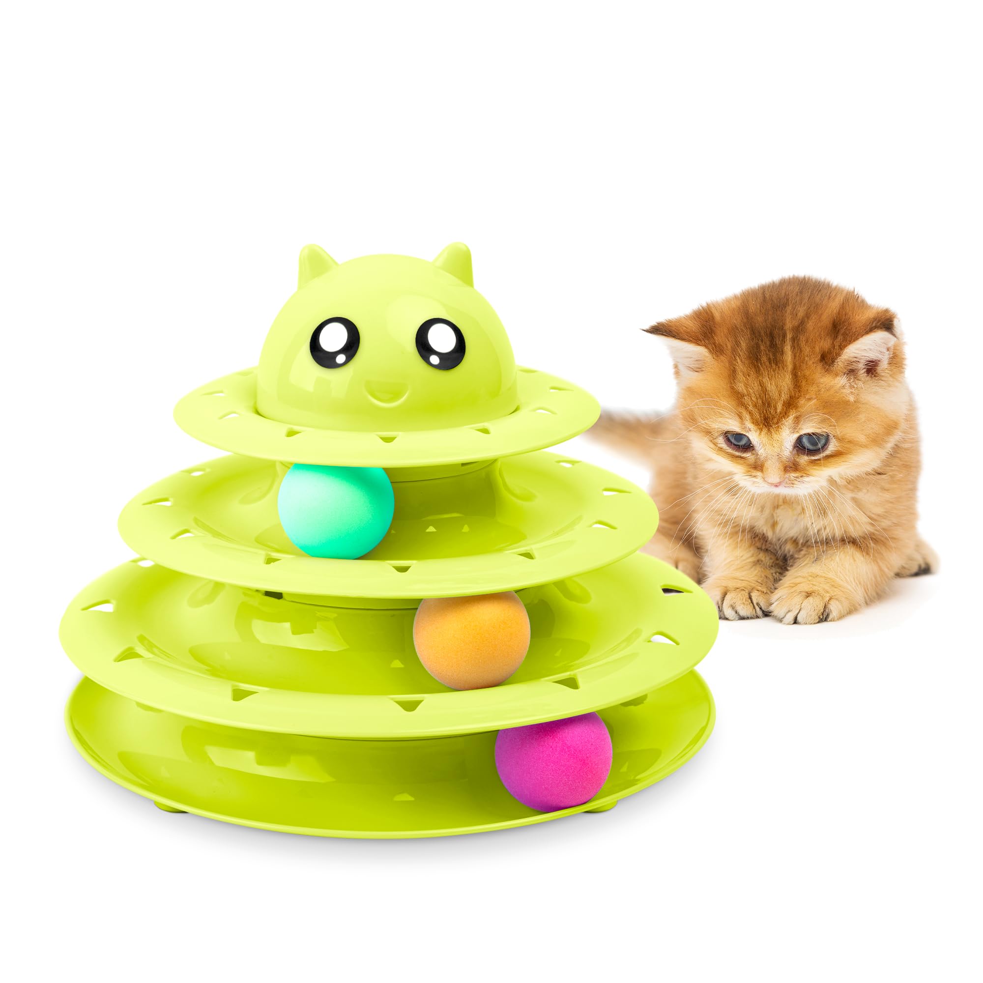 FurDreams Cat Roller Ball Toy Interactive - Green | 3 Tier Tower Fun Ball with 3 Colour Balls | 3 Level Teaser with Play
