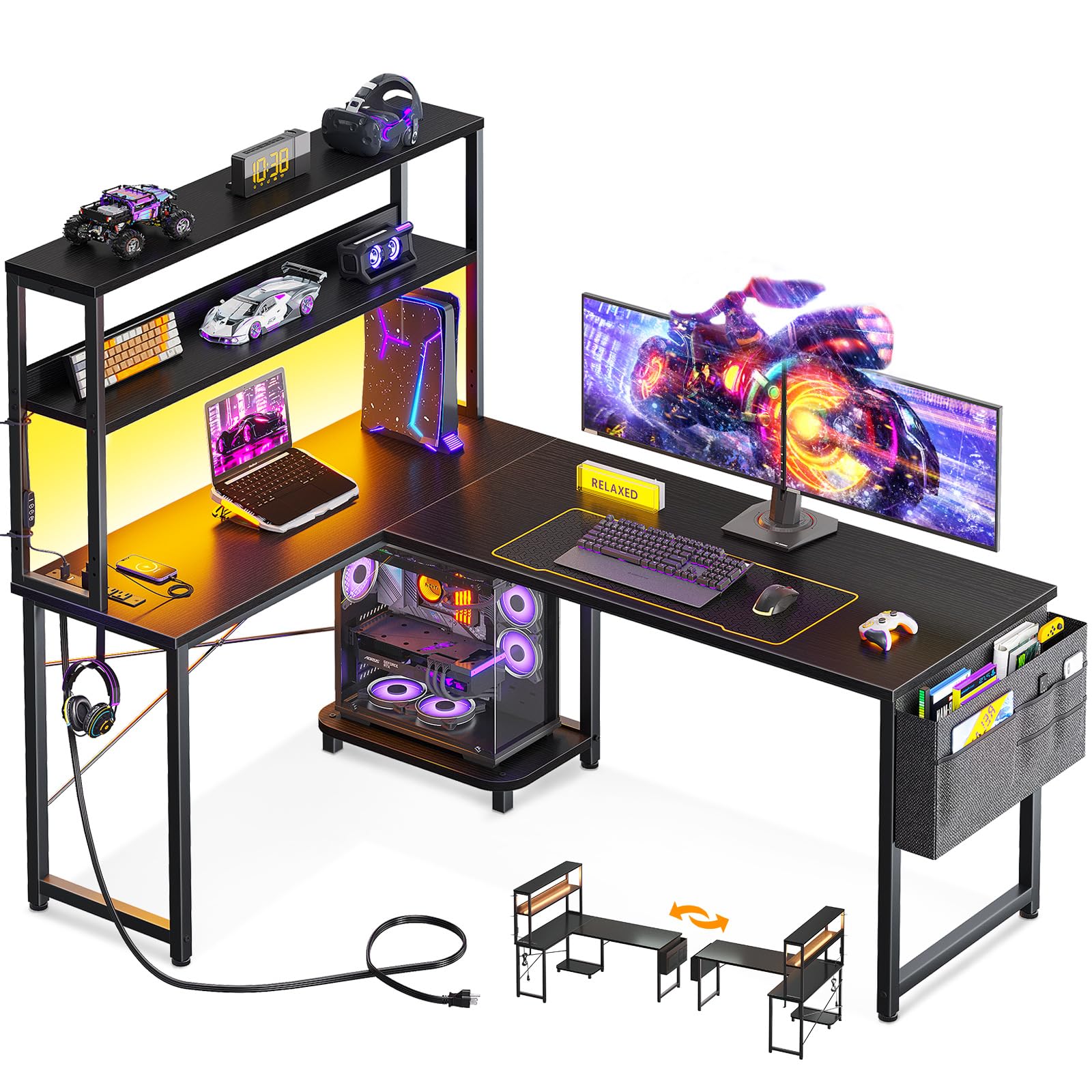 ODK 53 Inch L Shaped Gaming Desk with LED Lighting, Reversible Desk with Power Outlets, Cornor Computer Table with Stora