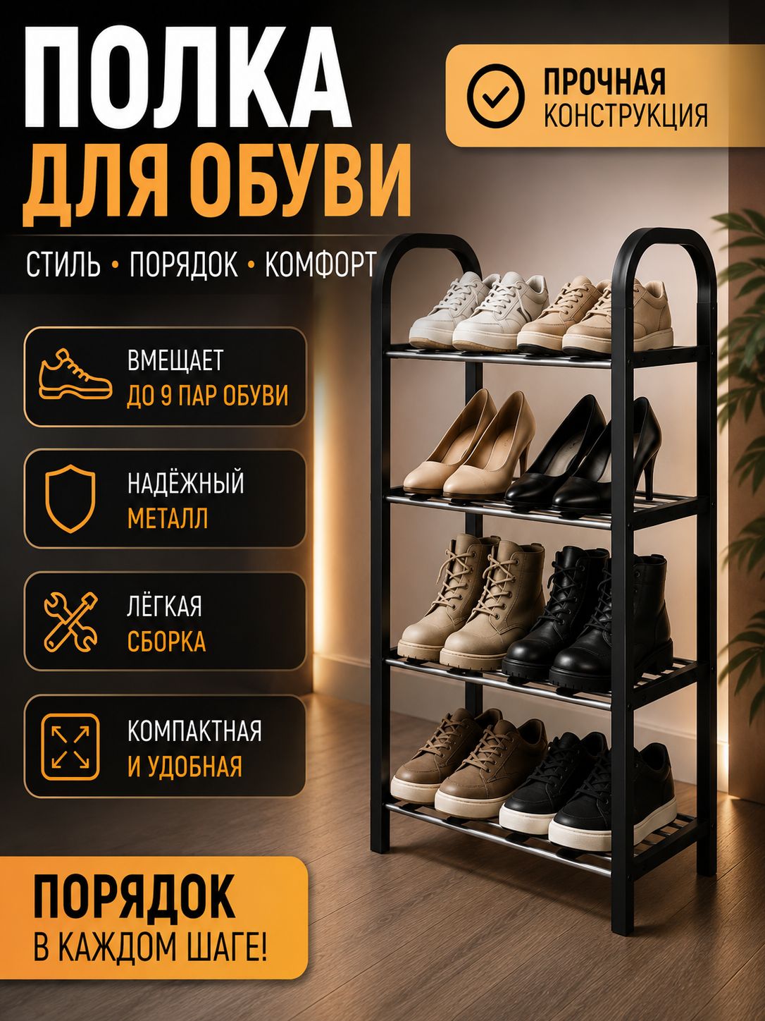 Обувница для прихожей, металлическая полка для обуви, раздвижная этажерка 3 яруса, черная