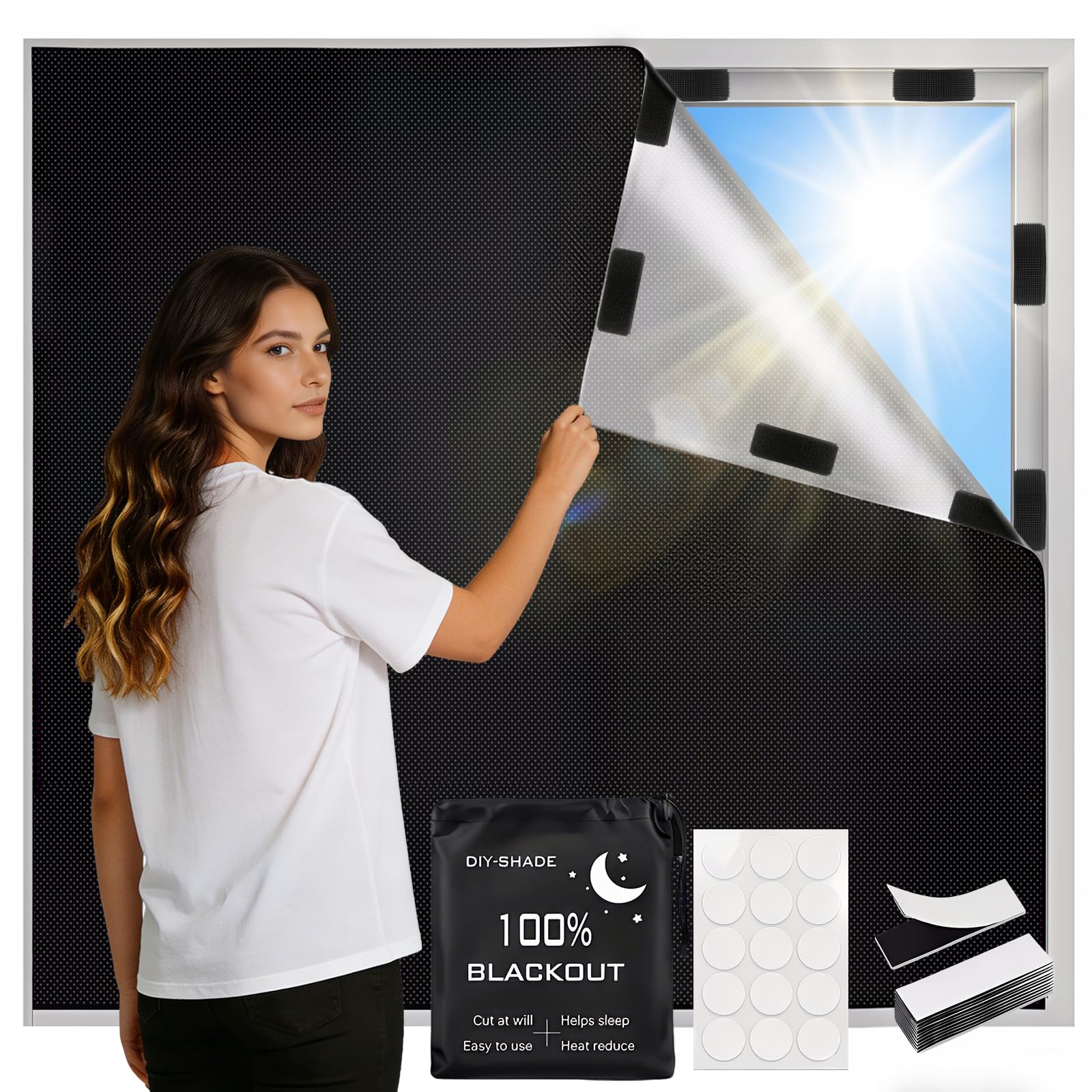 Blackout Blind, 300 x 145 CM Temporary Blackout Blinds Stick on, No Drill Blinds for Windows Portable Black Out Blinds F