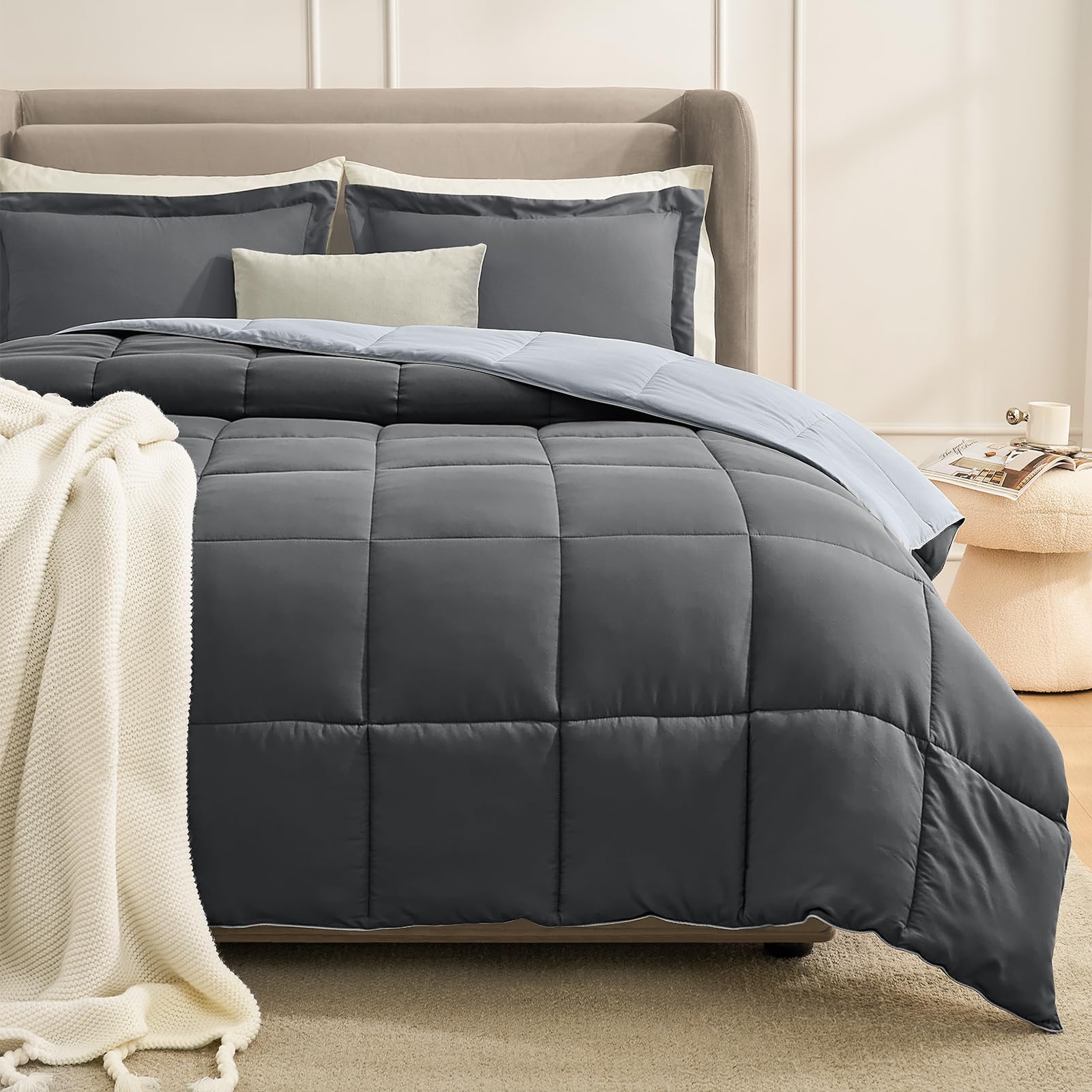 Homelike Moment Queen Comforter Set Grey, Comforters Queen Size Set, Soft Lightweight Down Alternati