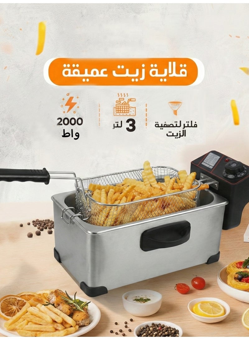 YOONISPRO Electric Deep Fryer 3L 2000W, Stainless Steel Single Oil Tank with Adjustable Temperature Control, Frying Bask