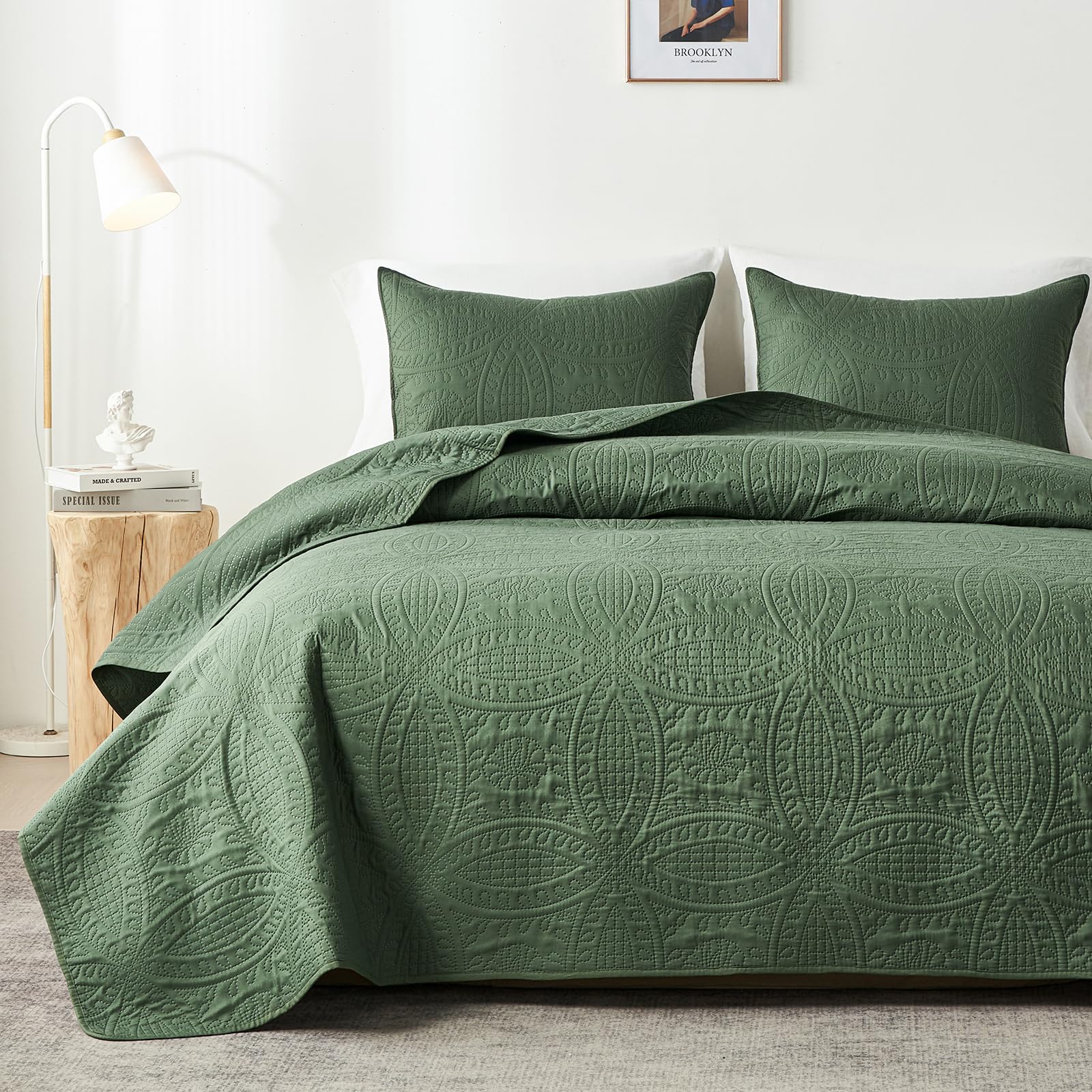 akkialla Queen Quilt Bedding Set,Olive Green Ultrasonic Full/Queen Quilt Set,Lightweight Soft Bedspr