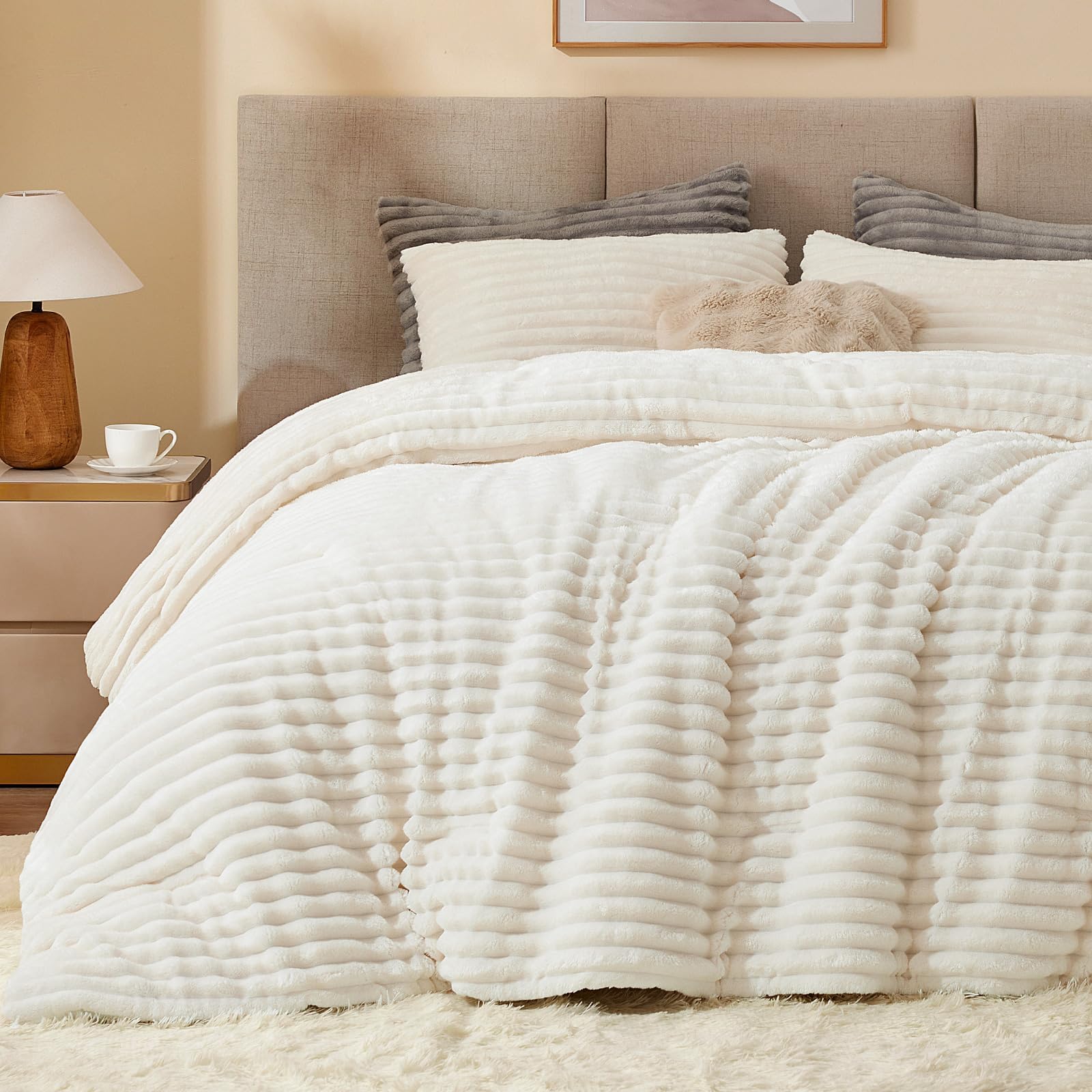 BEDELITE Fleece Queen Comforter Set -Super Soft & Warm Fluffy Cream White Bedding, Luxury Fuzzy Heavy Bed Set for All Se