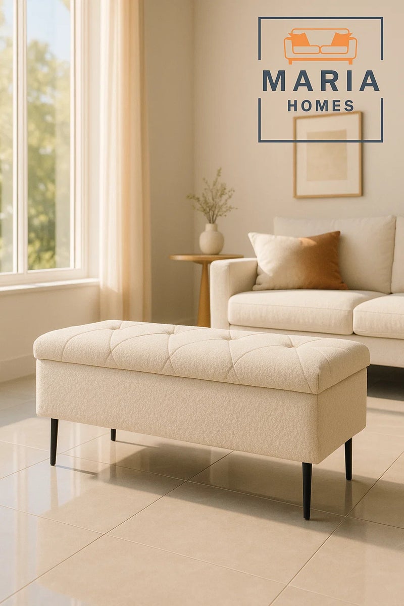 MARIA HOMES Tufted Rectangular Ottoman with Black Metal Legs