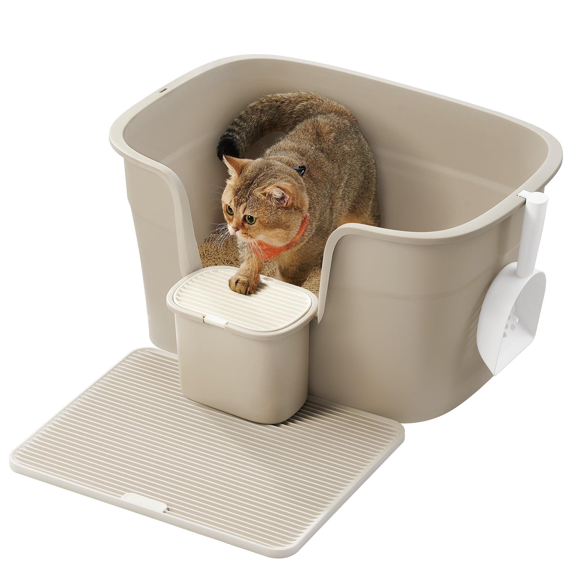 Feandrea Extra Large Cat Litter Box with Hide Sides, Includes Litter Catcher Board, Storage Box, Sco