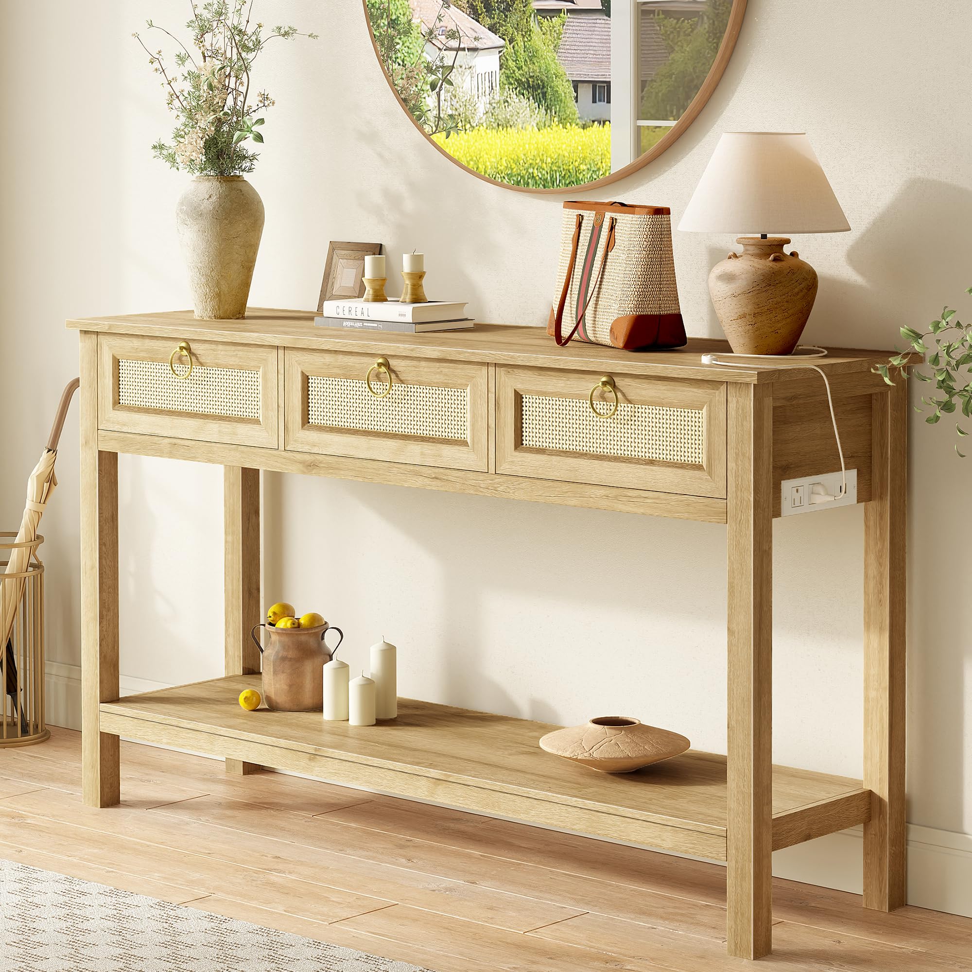 SUPERJARE Rattan Console Sofa Table with Outlets and USB-C Port, 3 Drawer Entryway Table with Synthetic Rattan Surface, 
