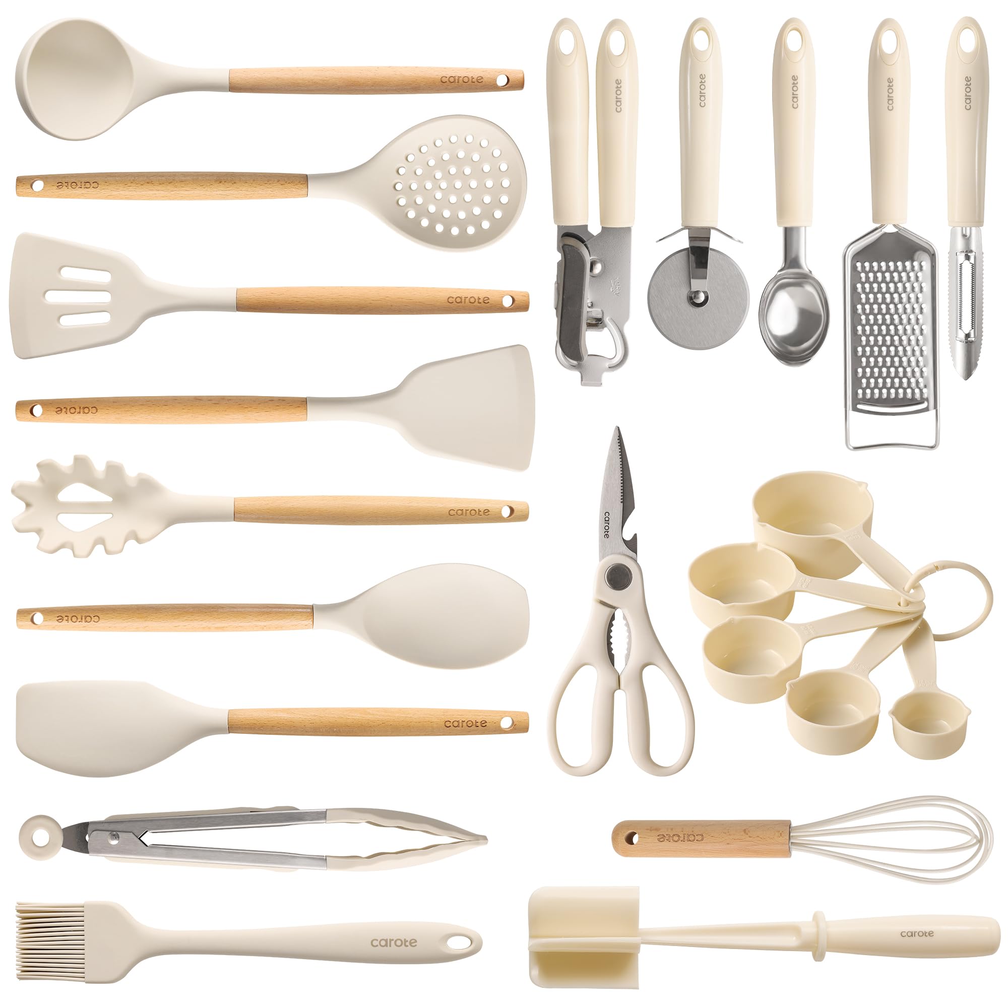 CAROTE 22pcs Silicone Cooking Utensils Set, 446°F Heat Resistant Kitchen Utensils Gadgets Set, Spatula, Turner, Whisk, T