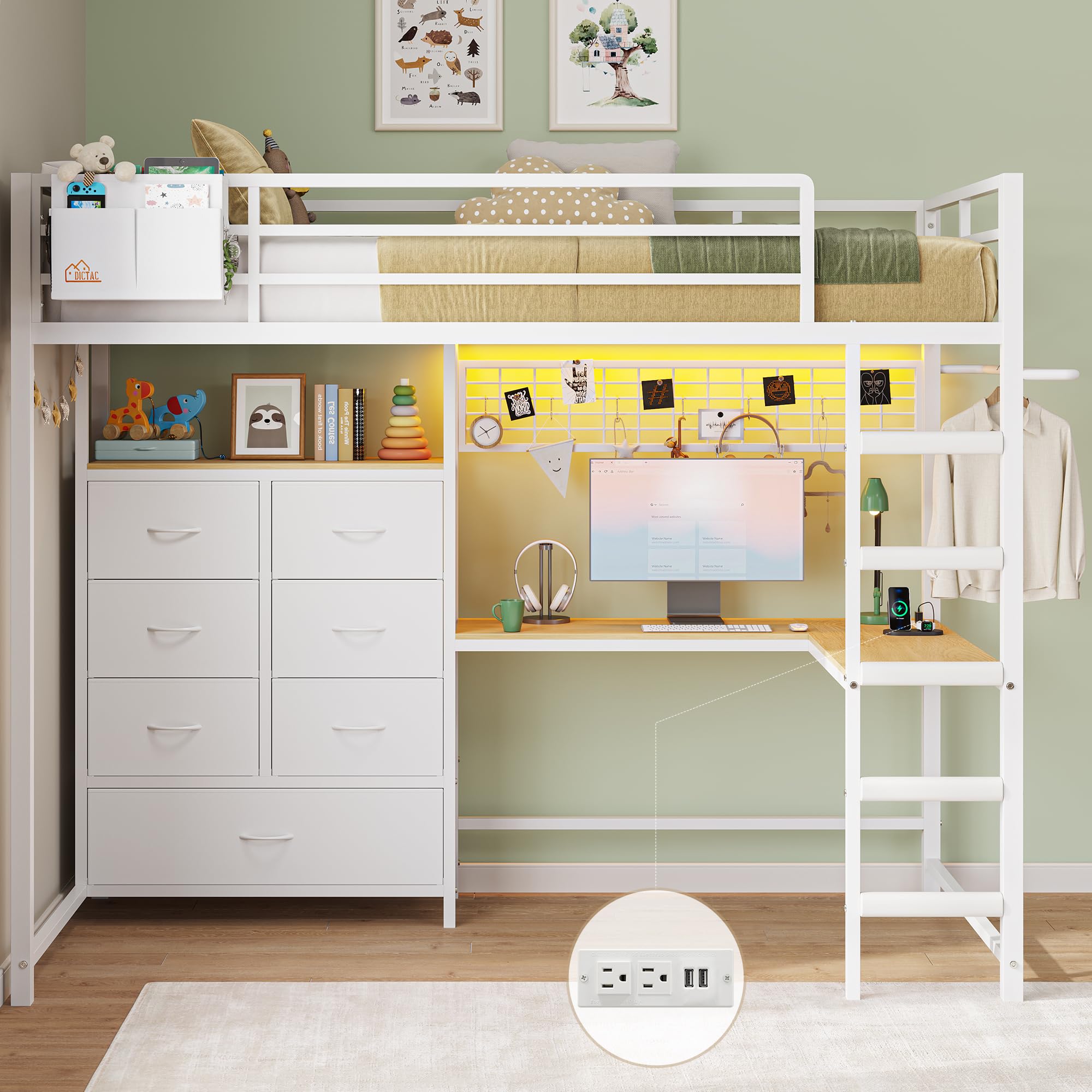 DICTAC Twin Size Loft Bed with L-Shaped Desk and 7 Storage Drawers,Metal Twin Loft Bed for Kids with