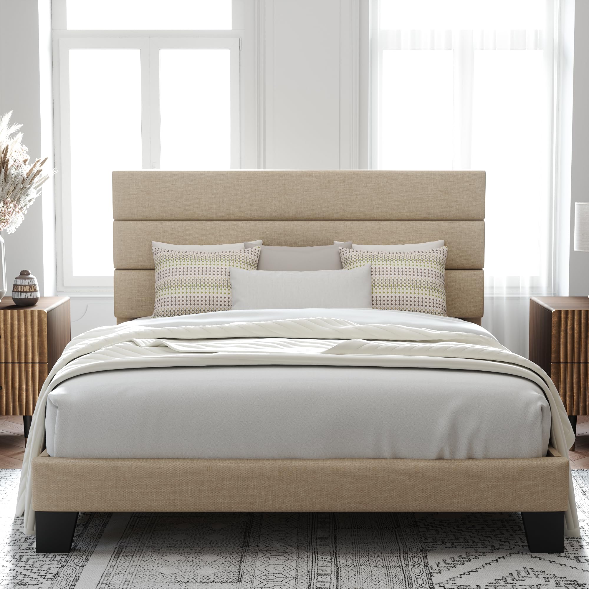 Allewie Queen Size Platform Bed Frame with Fabric Upholstered Headboard and Wooden Slats Support, Fully Upholstered Matt