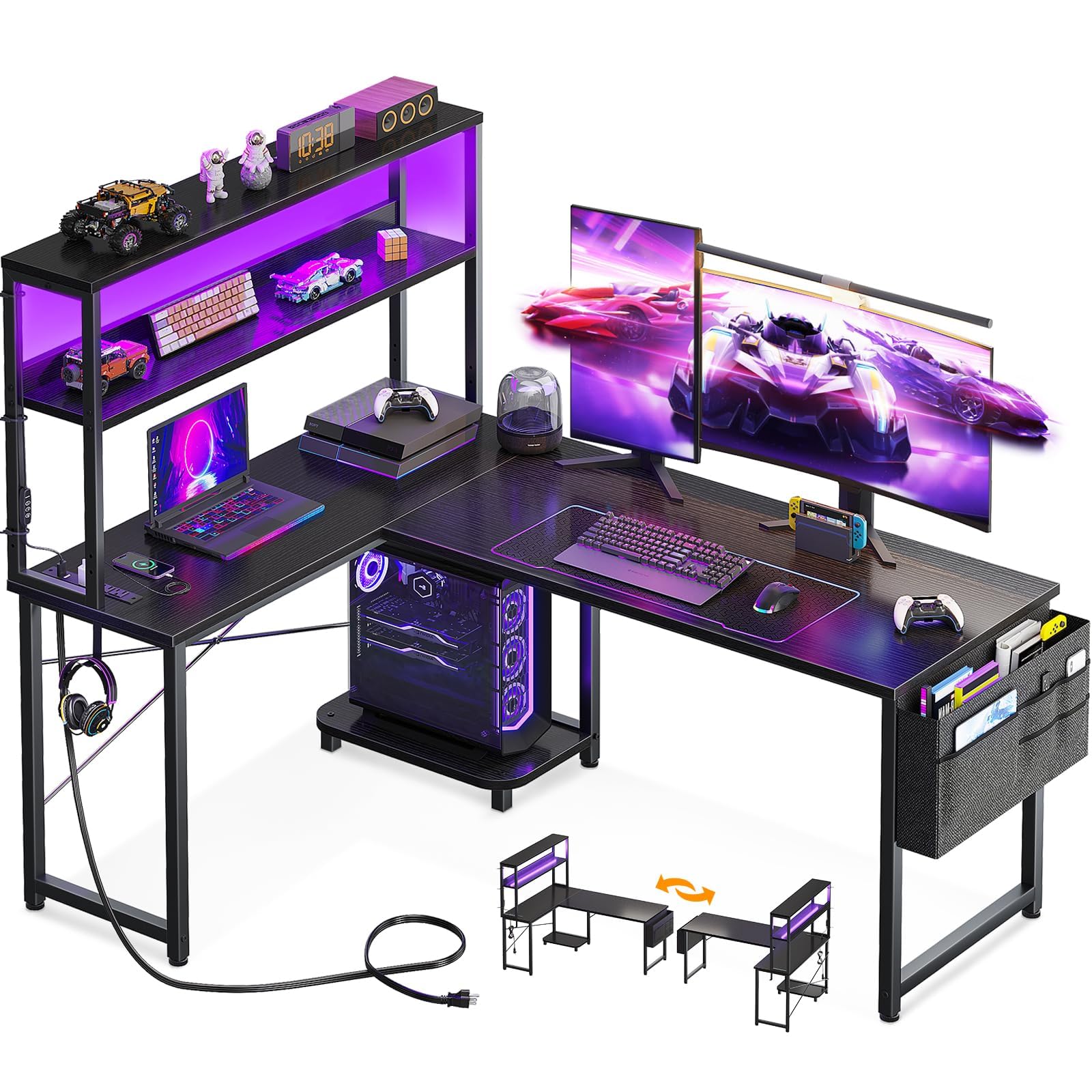 AODK L Shaped Desk Gaming Desk with LED Light & Power Outlet, 53 Inch Reversible L Shaped Computer Desk with Shelf, Corn