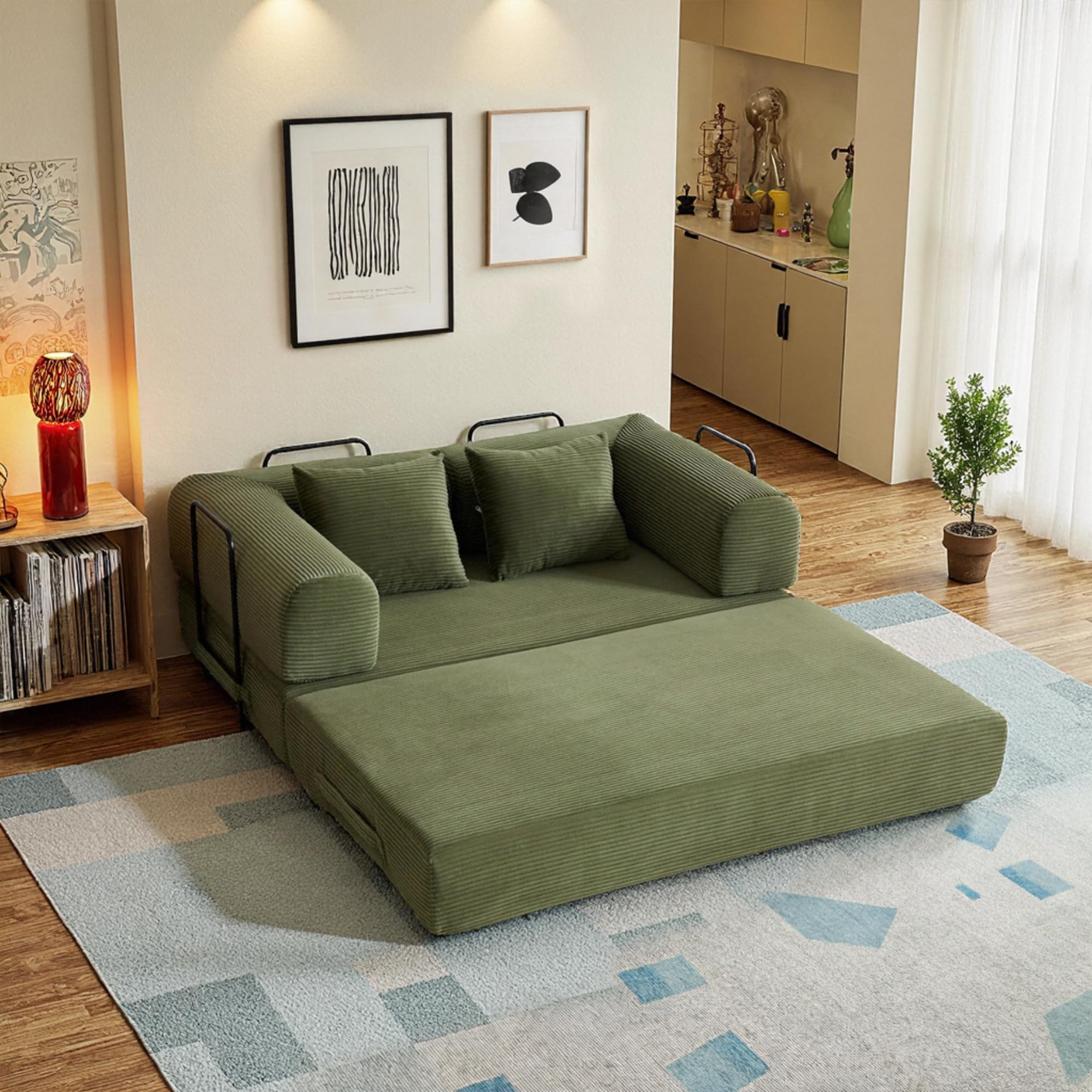 59in Convertible Sofa Bed, Corduroy Boneless Couch Bed, Futon Sleeper Sofa Pull Out Bed, Foldable Couch for Living Room 