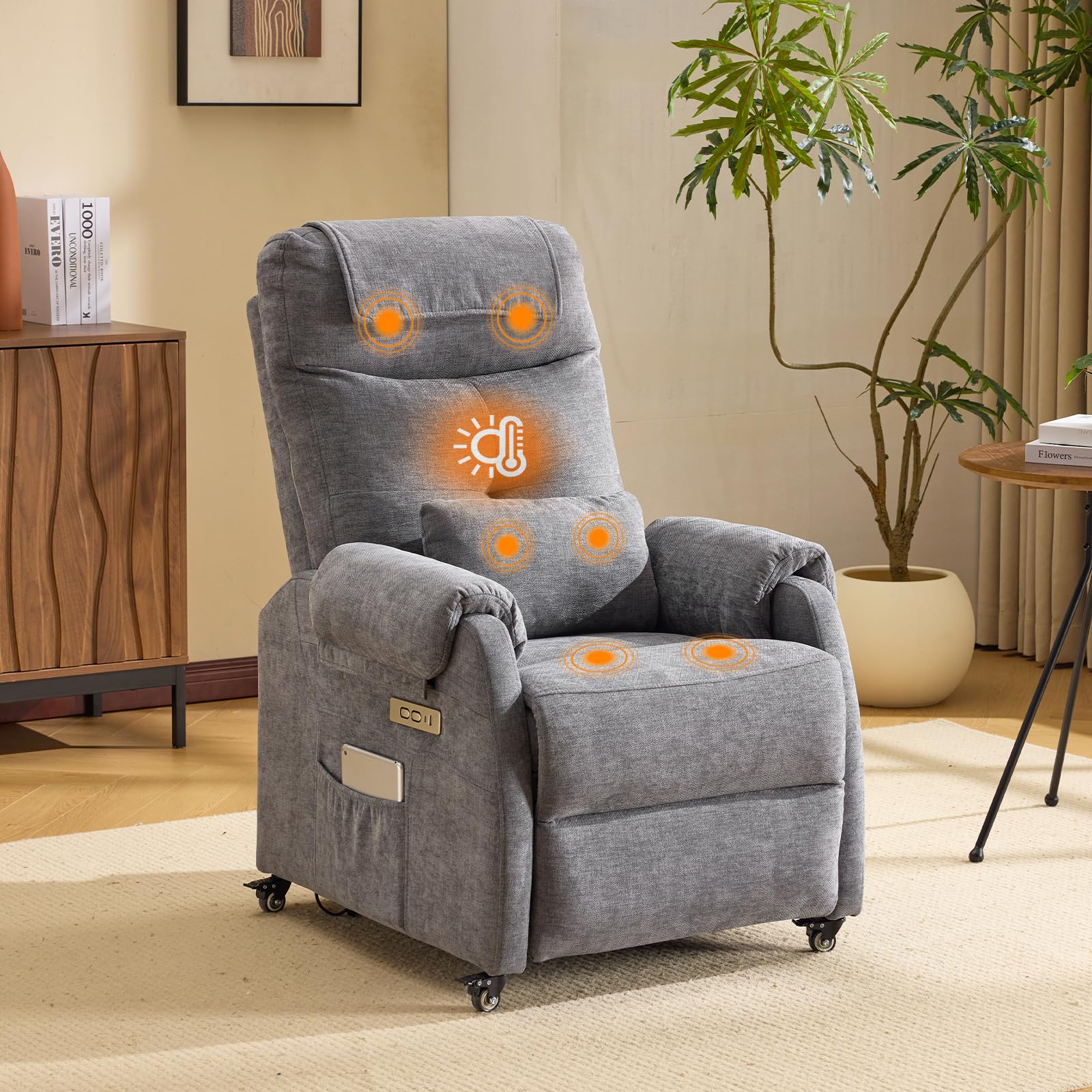 Bonnlo Recliner Armchair with Wheels Electric Reclining Chair with Massage & Heat, Hight Back Chair 