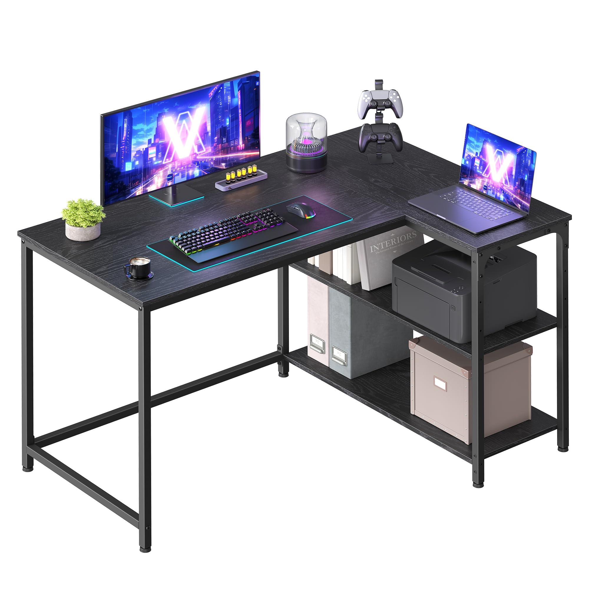 VASAGLE L Shaped Corner Desk, Computer Gaming Desk with Storage, Reversible Height-Adjustable Shelve
