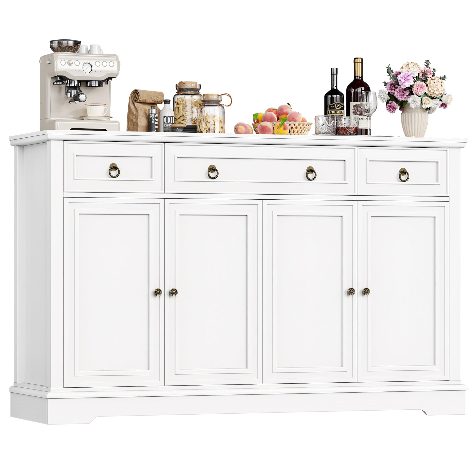 FirFurd Kitchen Sideboard Storage Cabinet White Sideboard Large Buffet Cupboard with 3 Drawers 4 Doo