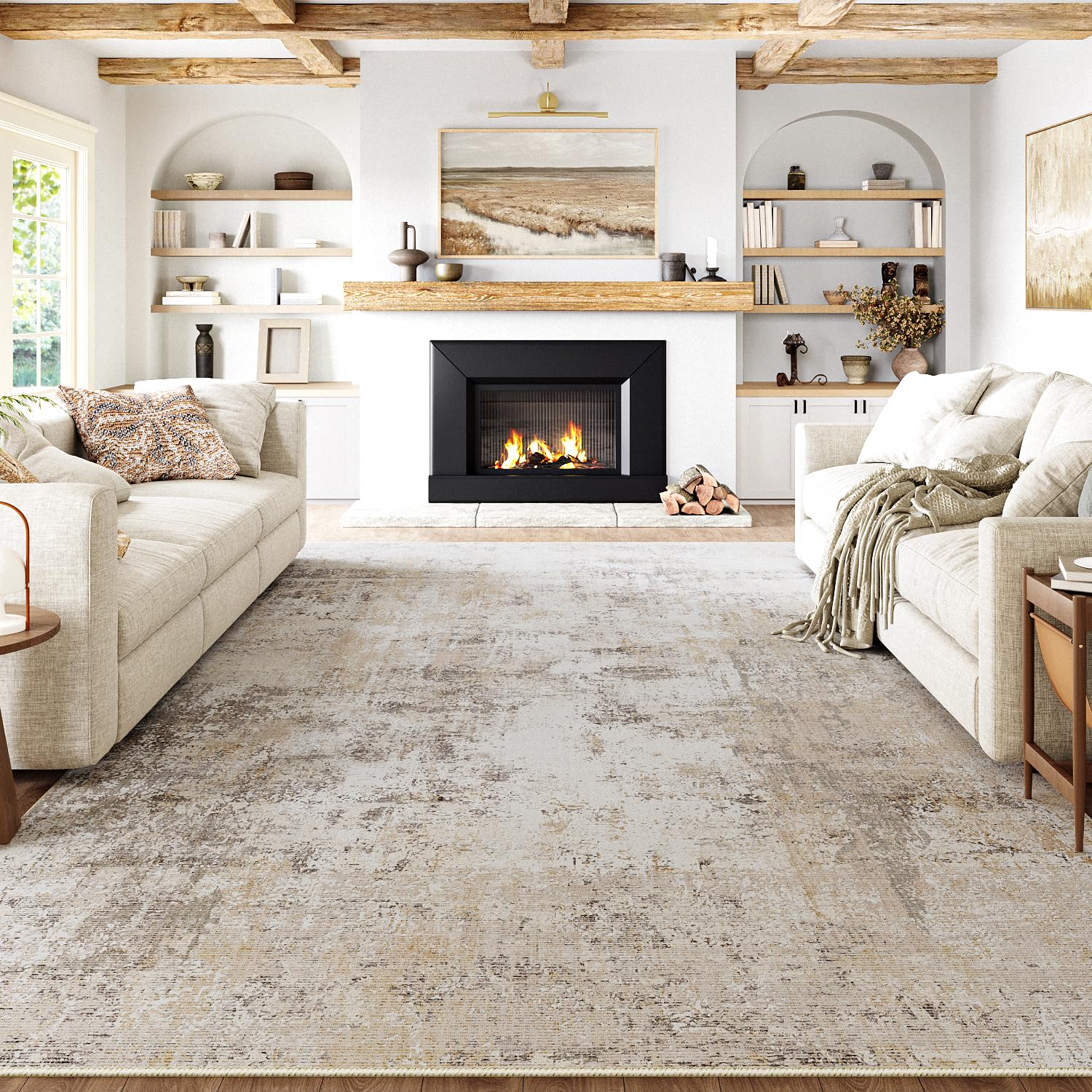 HUGEAR Washable Rugs Living Room Rug 240x300cm Beige Grey Non Slip Abstract Natural Neutral Modern L