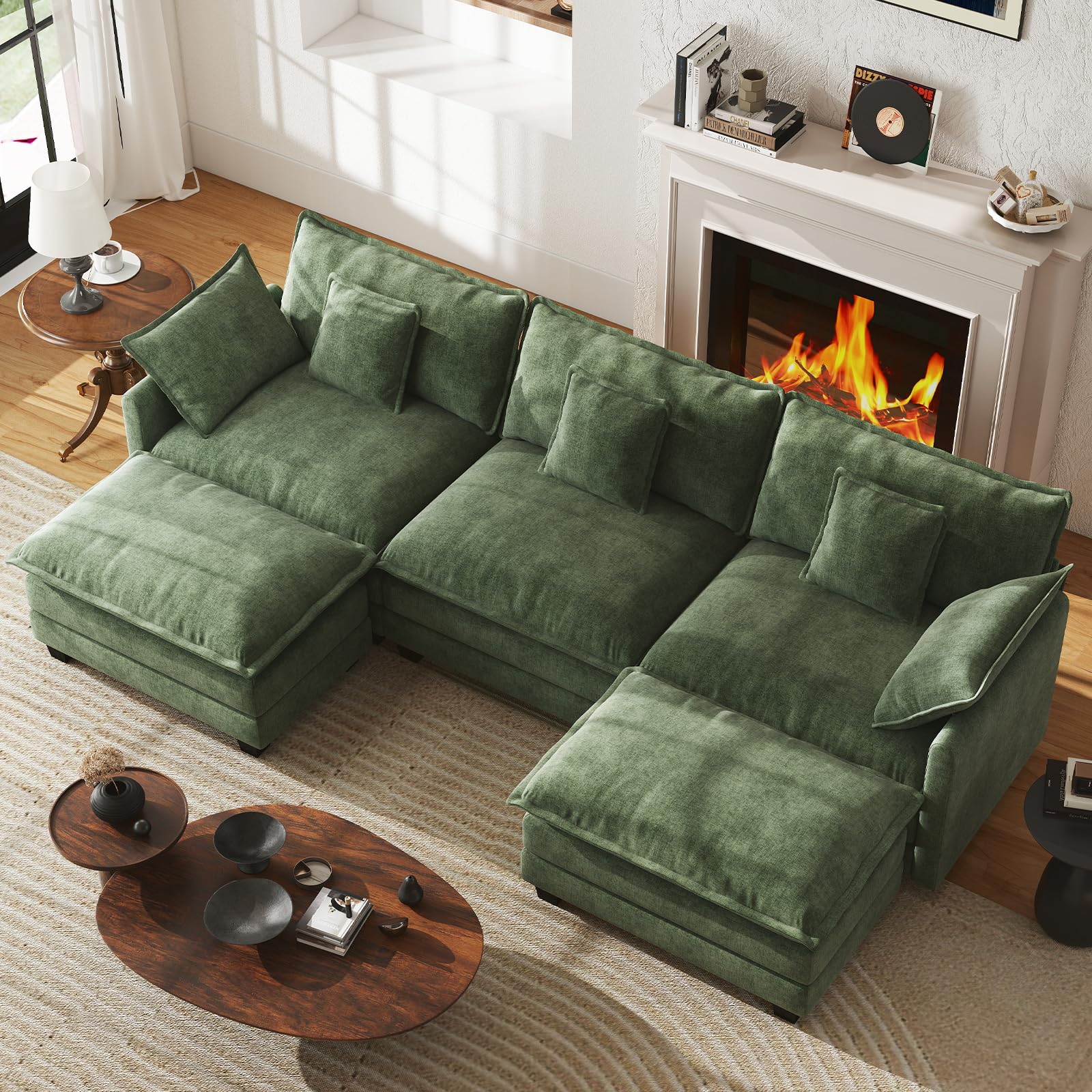 WorthFurni 111.4” Modular Sectional Sofa, U Shape Cloud Couch with 2 Movable Ottoman, Comfy Chenille
