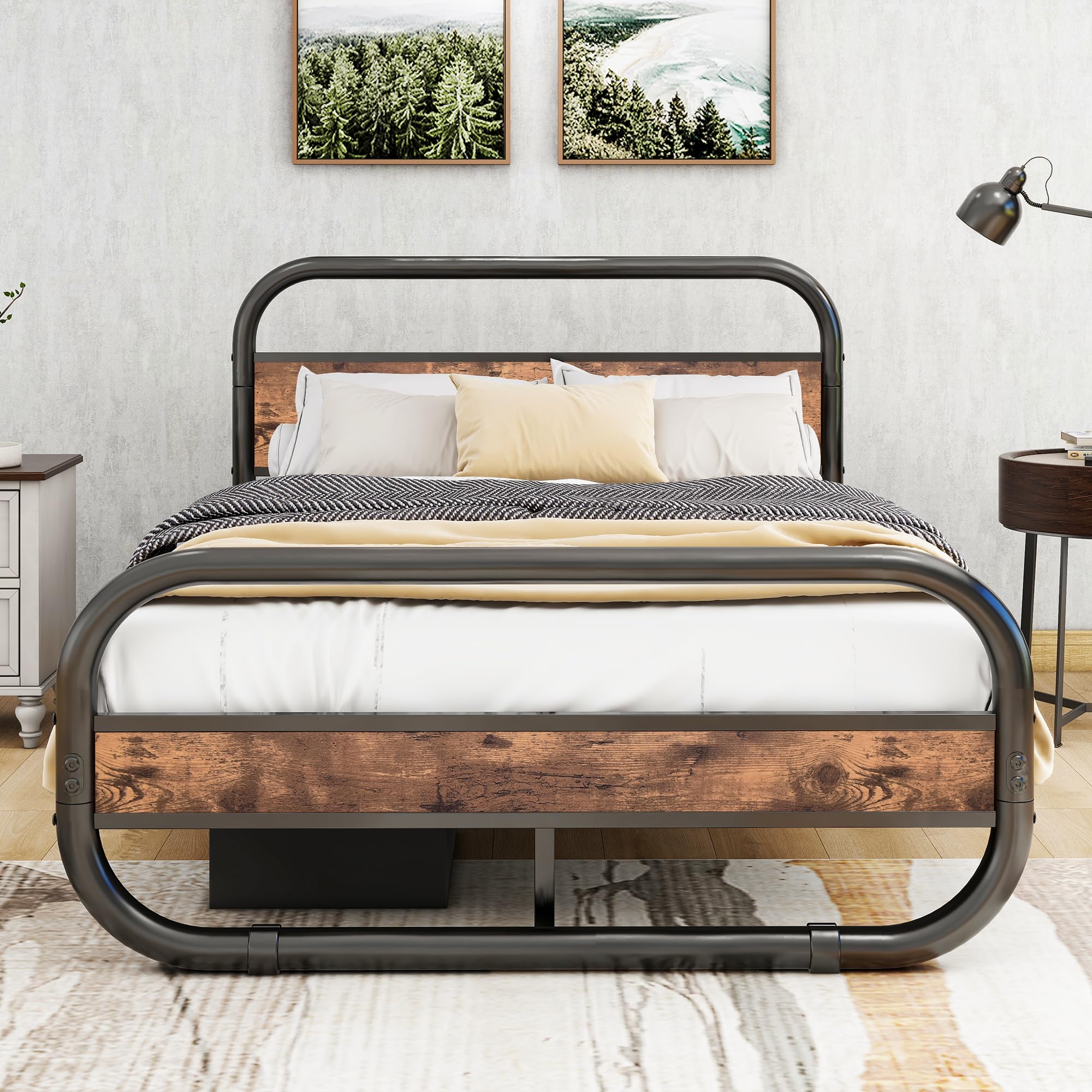 HOMERECOMMEND King Size Bed Frame with Headboard,Oval-Shaped Platform Bed with Under-Bed Storage,Ste