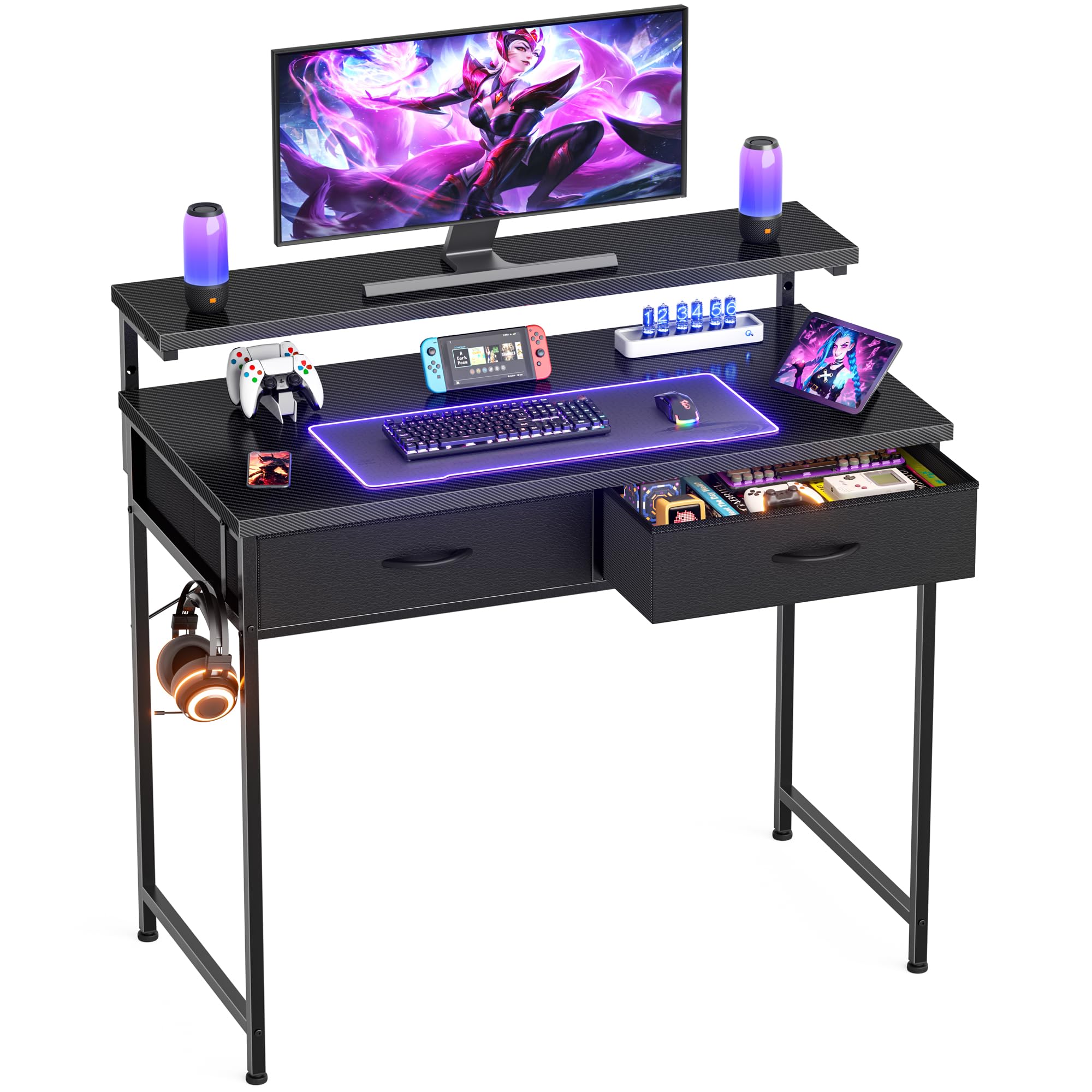 HOMIDEC Gaming Desk with Adjustable Monitor Stand, Computer Office Desk with 2 Storage Drawers, Gami