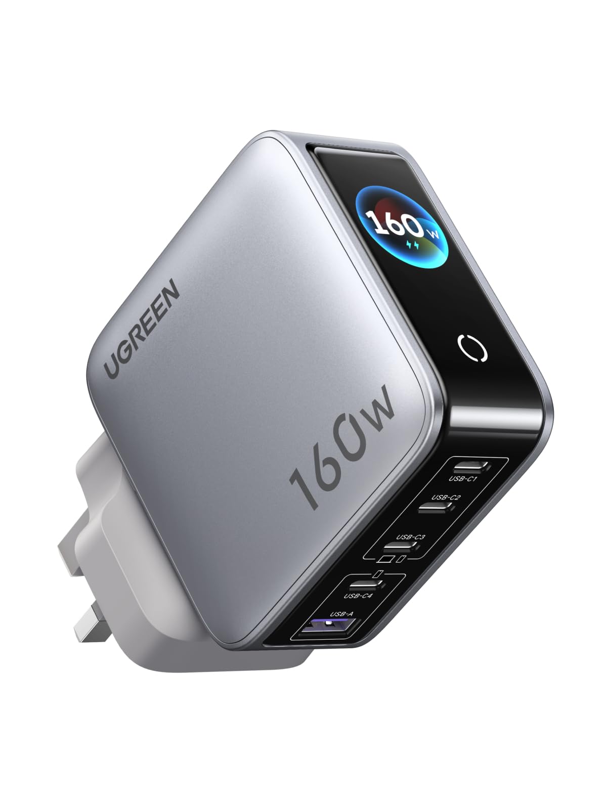 شاحن UGREEN Nexode Pro السريع بقوة 160 واط من النوع C، محول شحن ذكي بشاشة USB-C بتقنية GaN، مزود بخمسة منافذ لشحن أجهزة