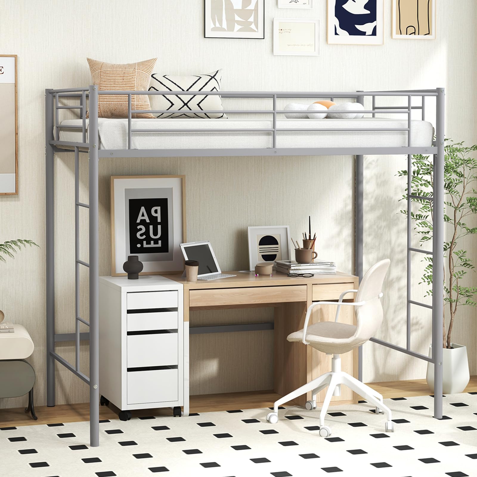 COSTWAY Metal Bunk Bed, 2 Ladders Loft Bed Frame with Safety Guardrail, Home Bedroom Furniture Space