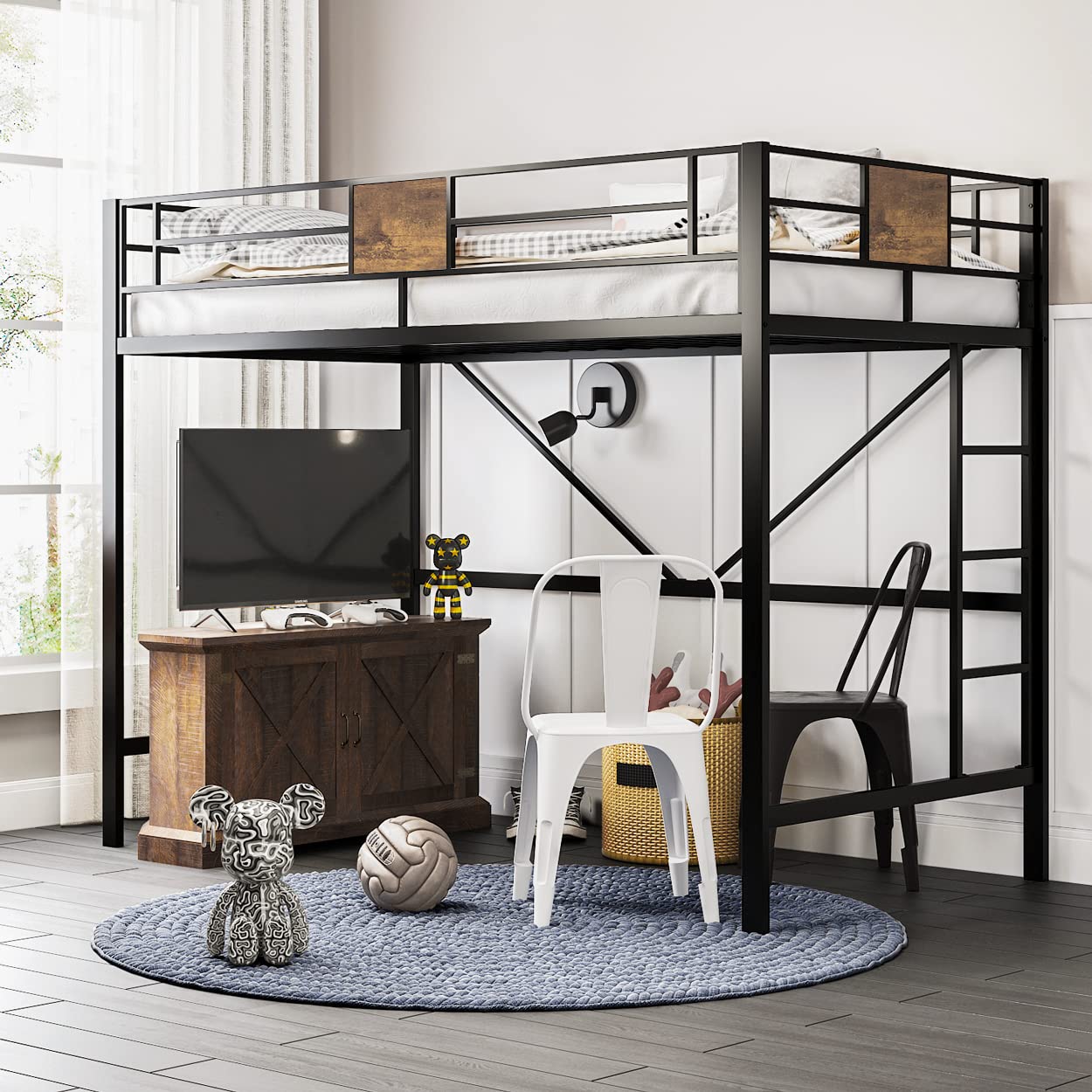SHA CERLIN Loft Bed Twin Size with Ladder and Guardrail,Rustic Design,Metal Slats Support No Box Spr