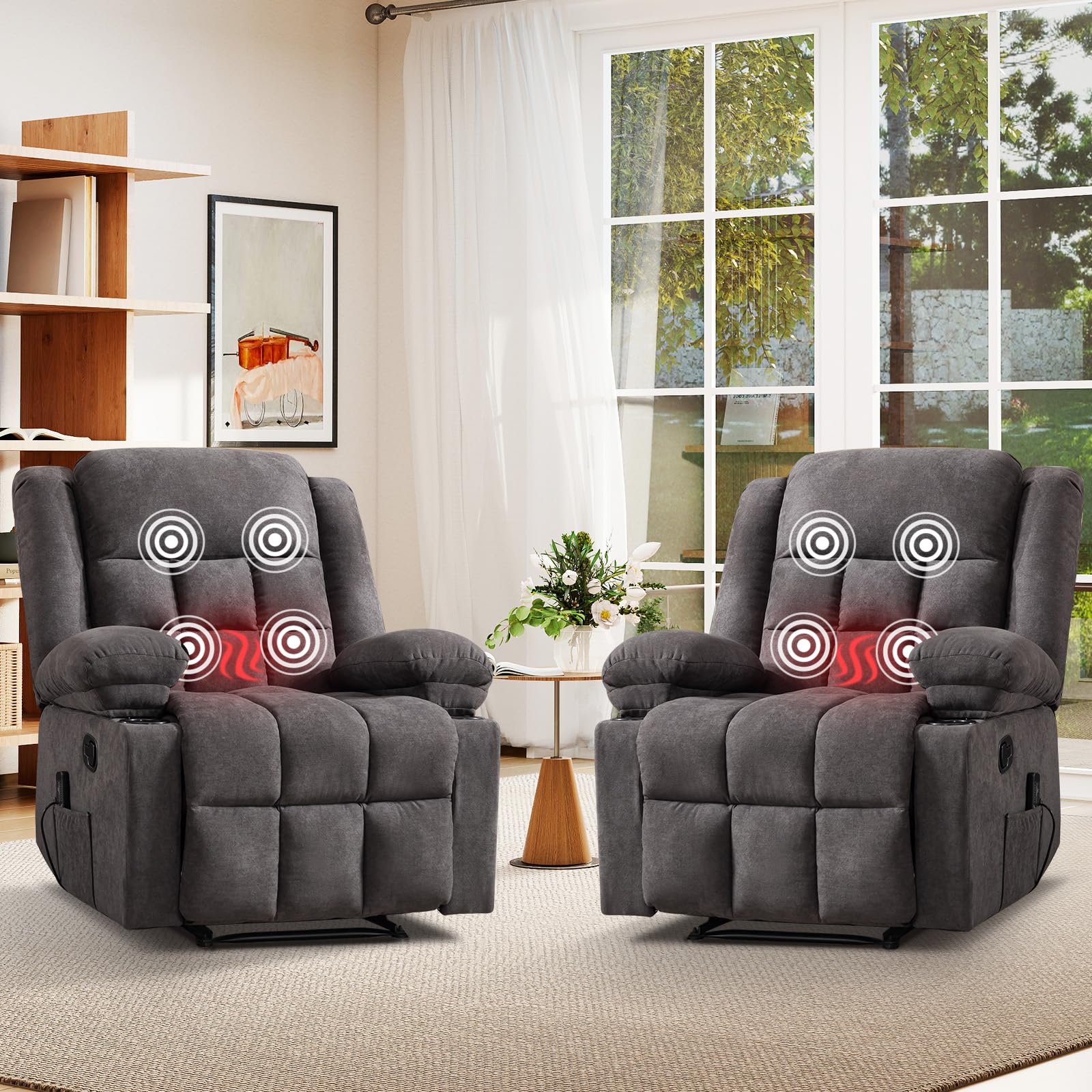 HAOMARKETS Manual Recliners Set of 2 with Massage and Heat for Adults, Breathable Fabric Recliner Ch