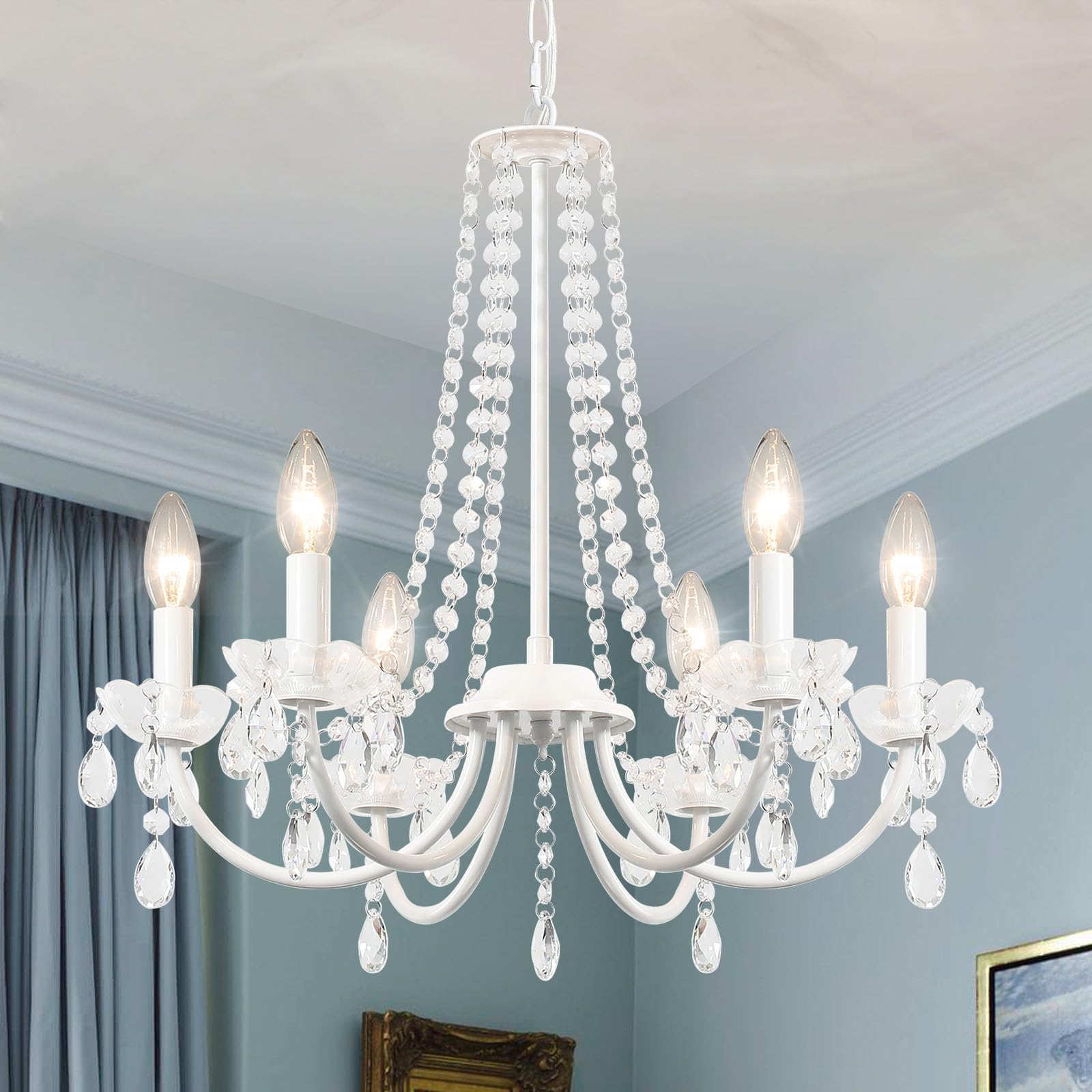 Crystal Chandelier, 6 Lights Chandeliers Ceiling Light, Modern Chandelier White, E14 Base Pendant Light, Crystal Ceiling