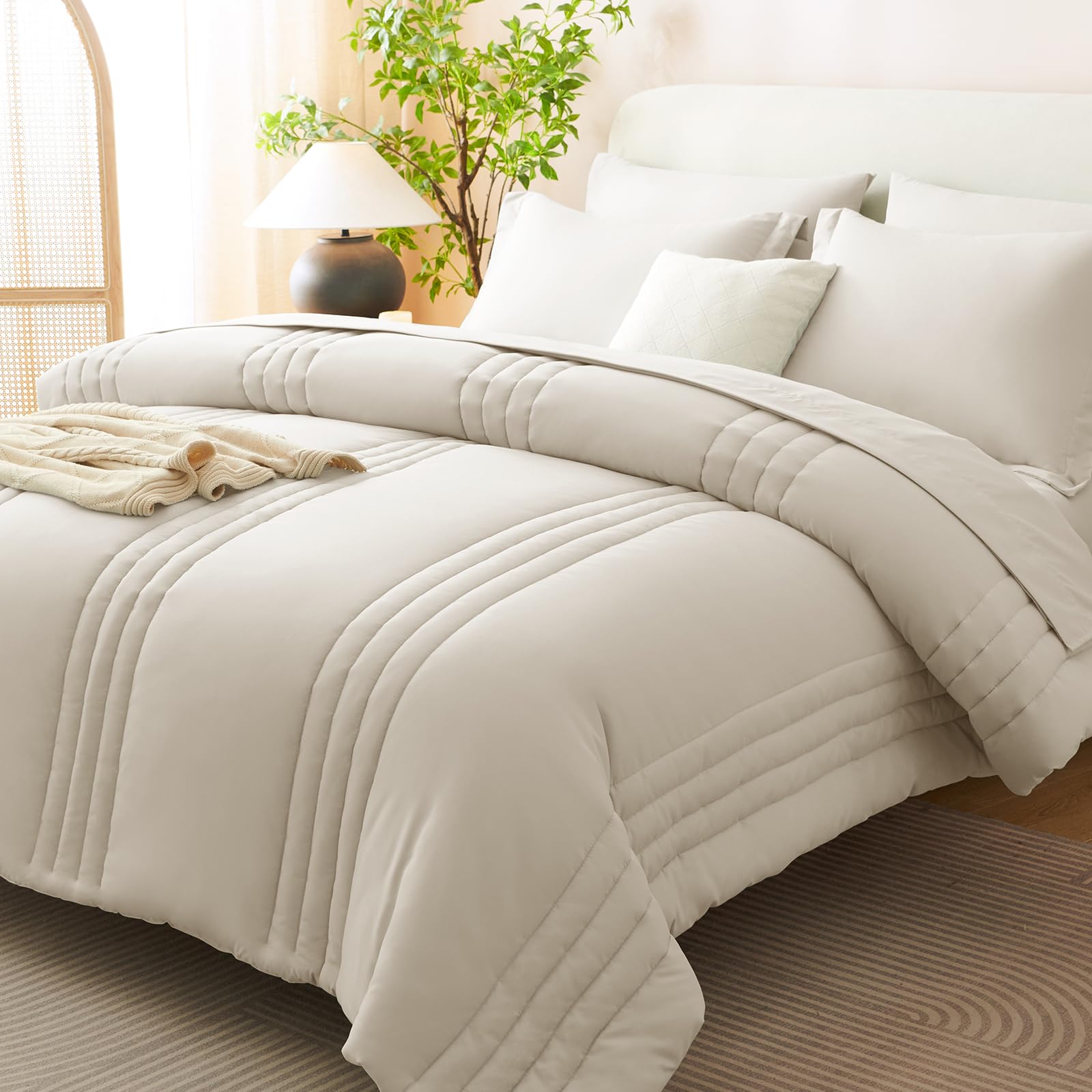 CozyLux Queen Comforter Set Beige - 7 Pieces Bed in a Bag, Modern Vertical Quilted Room Decor, Soft 