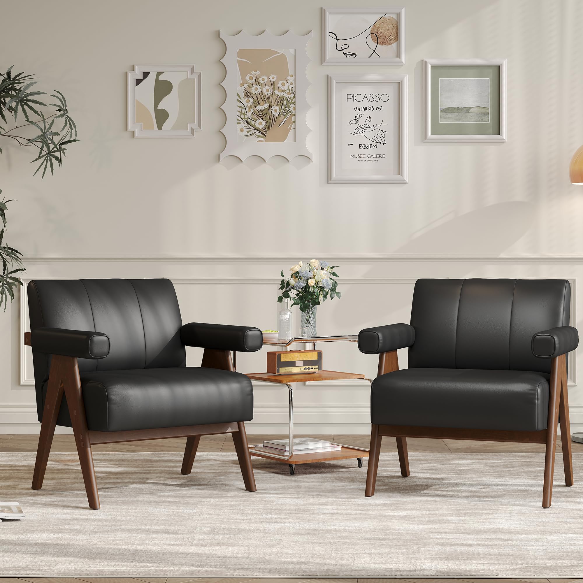 JIASTING Mid Century Modern Accent Chair Set of 2, Black Leather Office Reading Accent Chairs, Small Comfy Side Arm Chai
