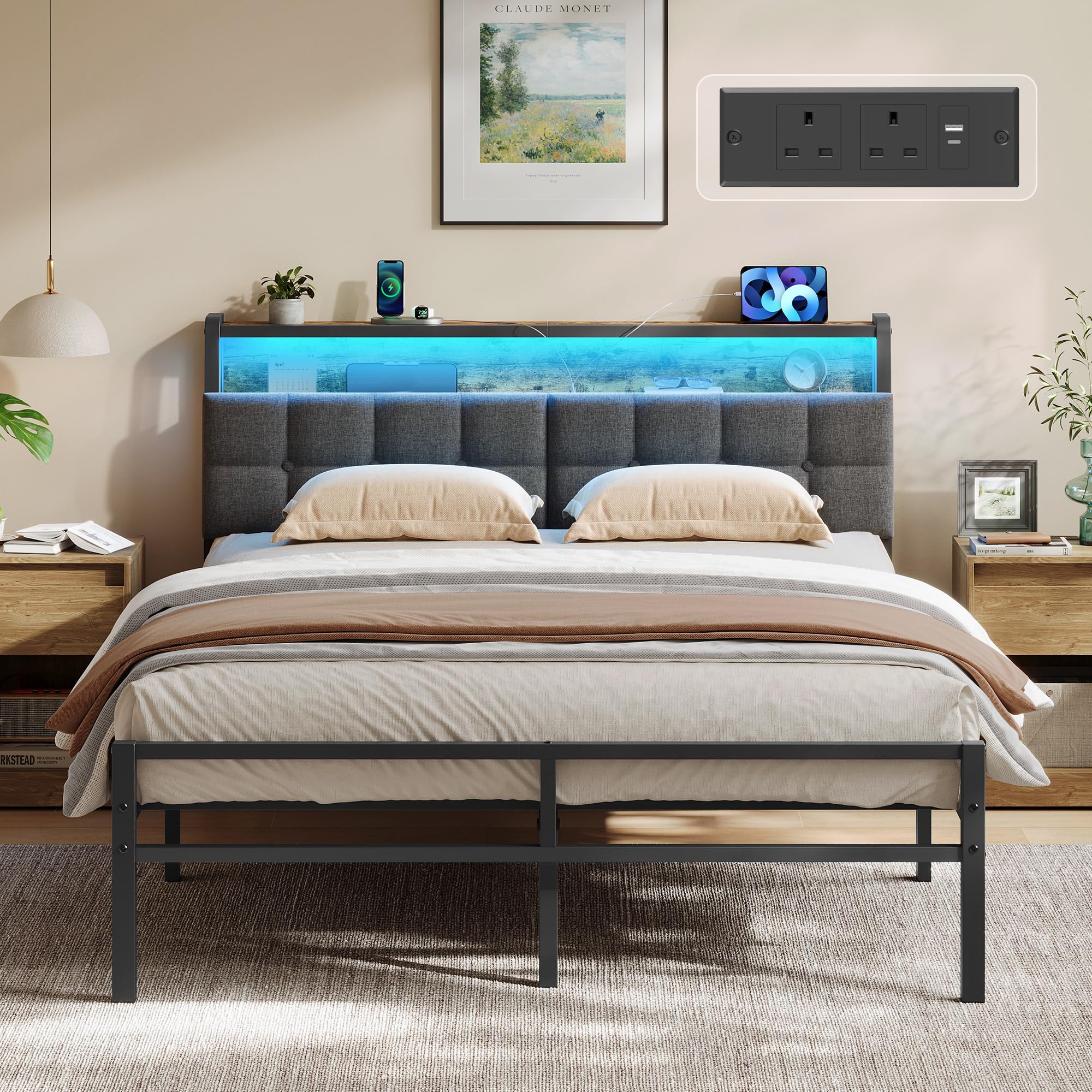 VASAGLE Double Bed Frame 135.5 x 208.9 cm with LED Lights and Charging Station, Metal Platform Bed Frame with Storage Up