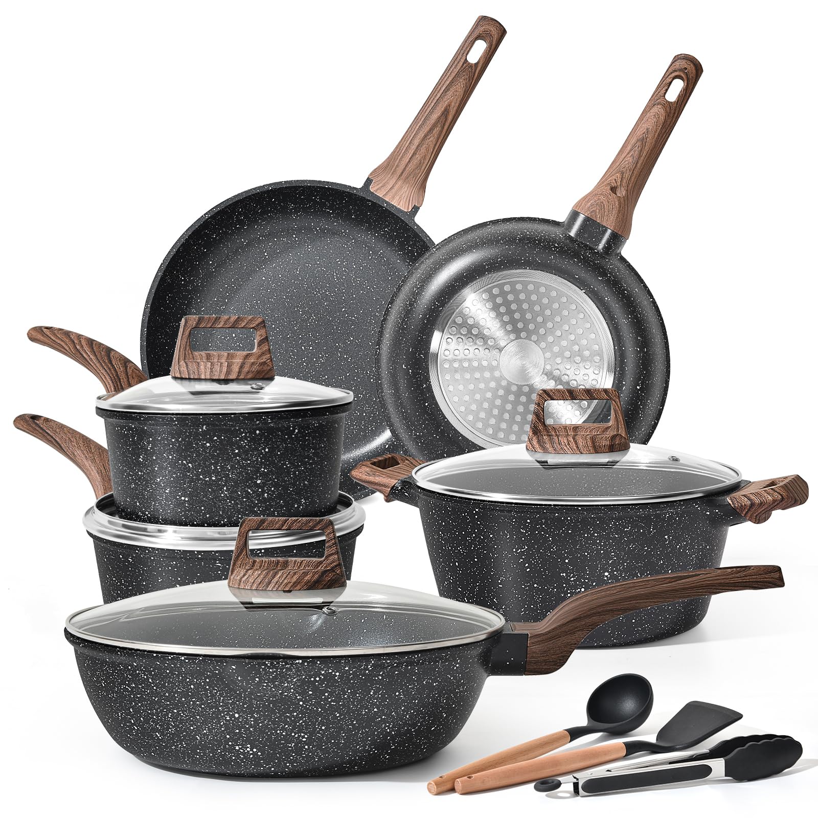 Terlulu Induction Hob Pots and Pans Set - 13pcs Nonstick Cooking Pans Set, Black Granite Cookware Se