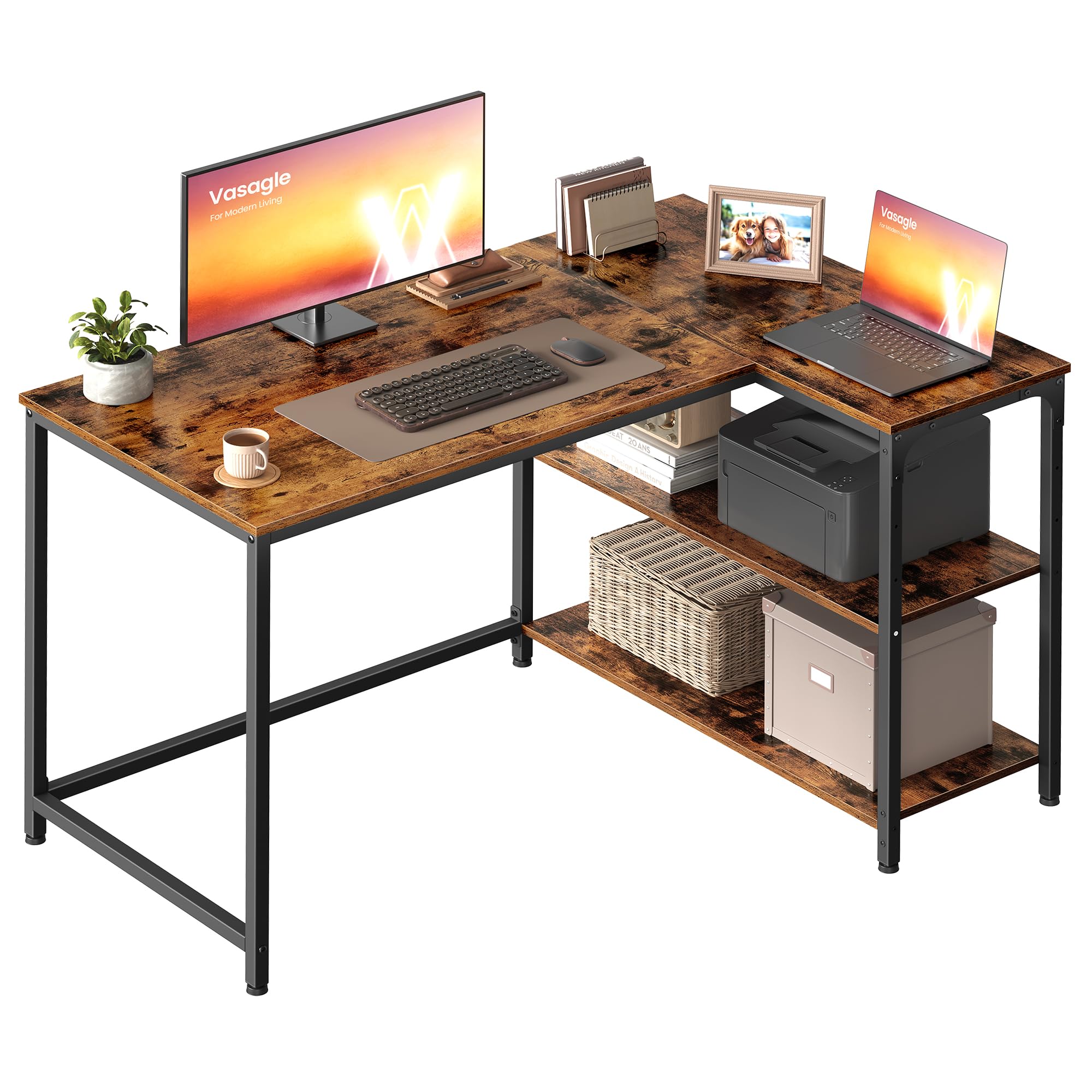 VASAGLE L Shaped Corner Desk, Computer Gaming Desk with Storage, Reversible Height-Adjustable Shelves, for Home Office,